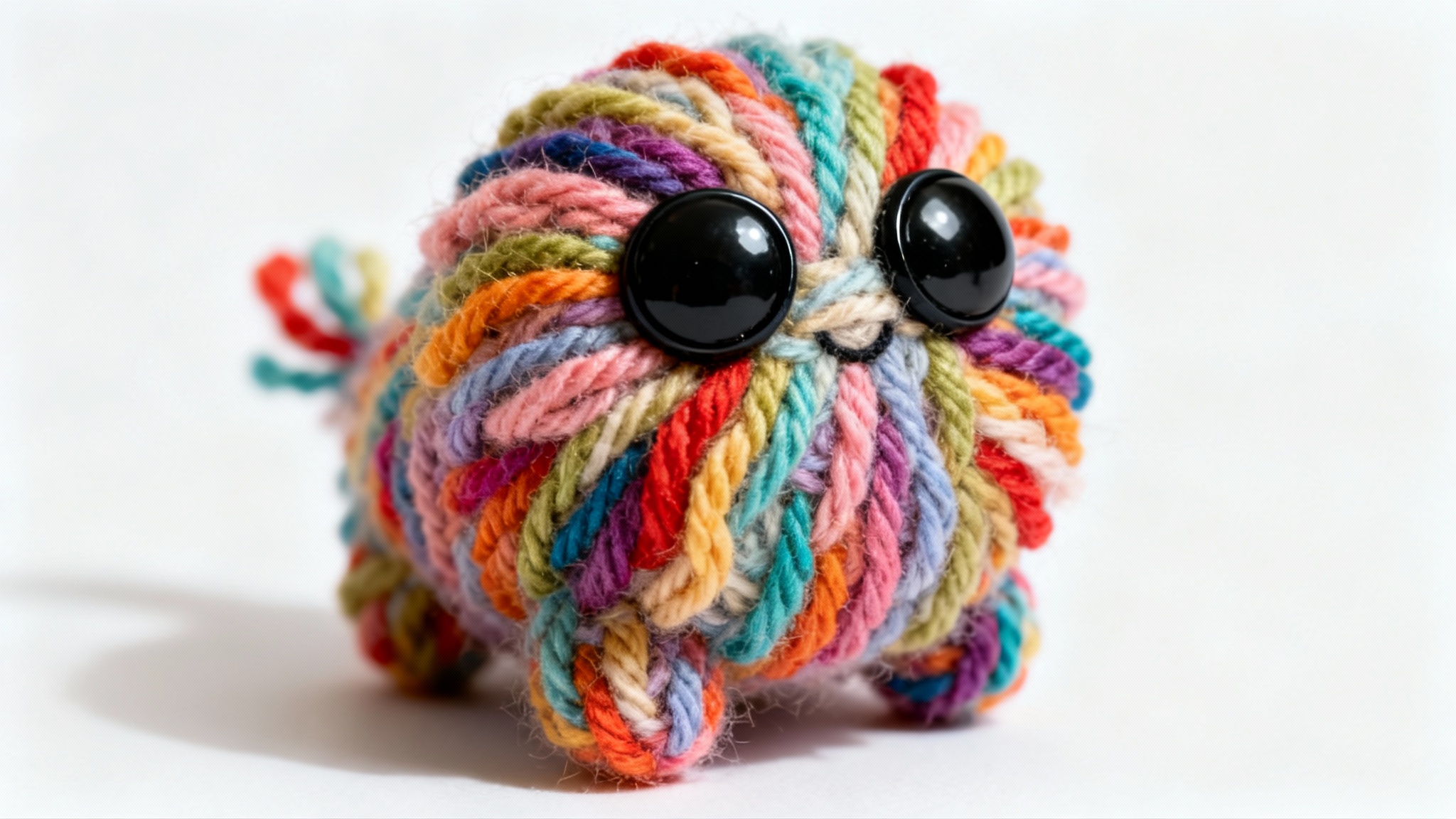 A photorealistic macro shot of a small, cute character made entirely from colorful knitted yarn, featuring big button eyes, set against a clean white background.