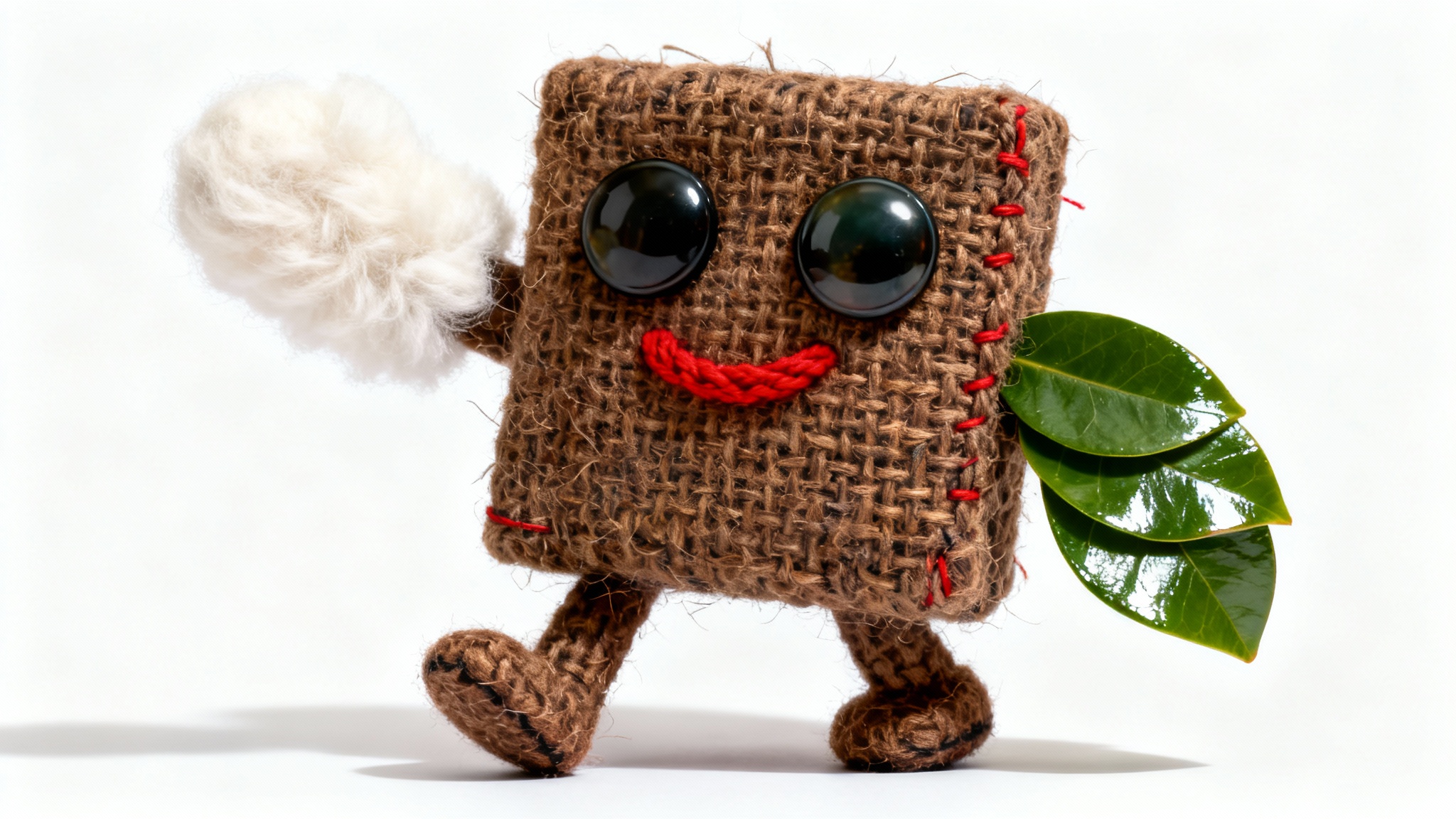 A whimsical character made of different textures, including tweed, wool, and leaves, with button eyes and a yarn smile, standing against a clean white background.