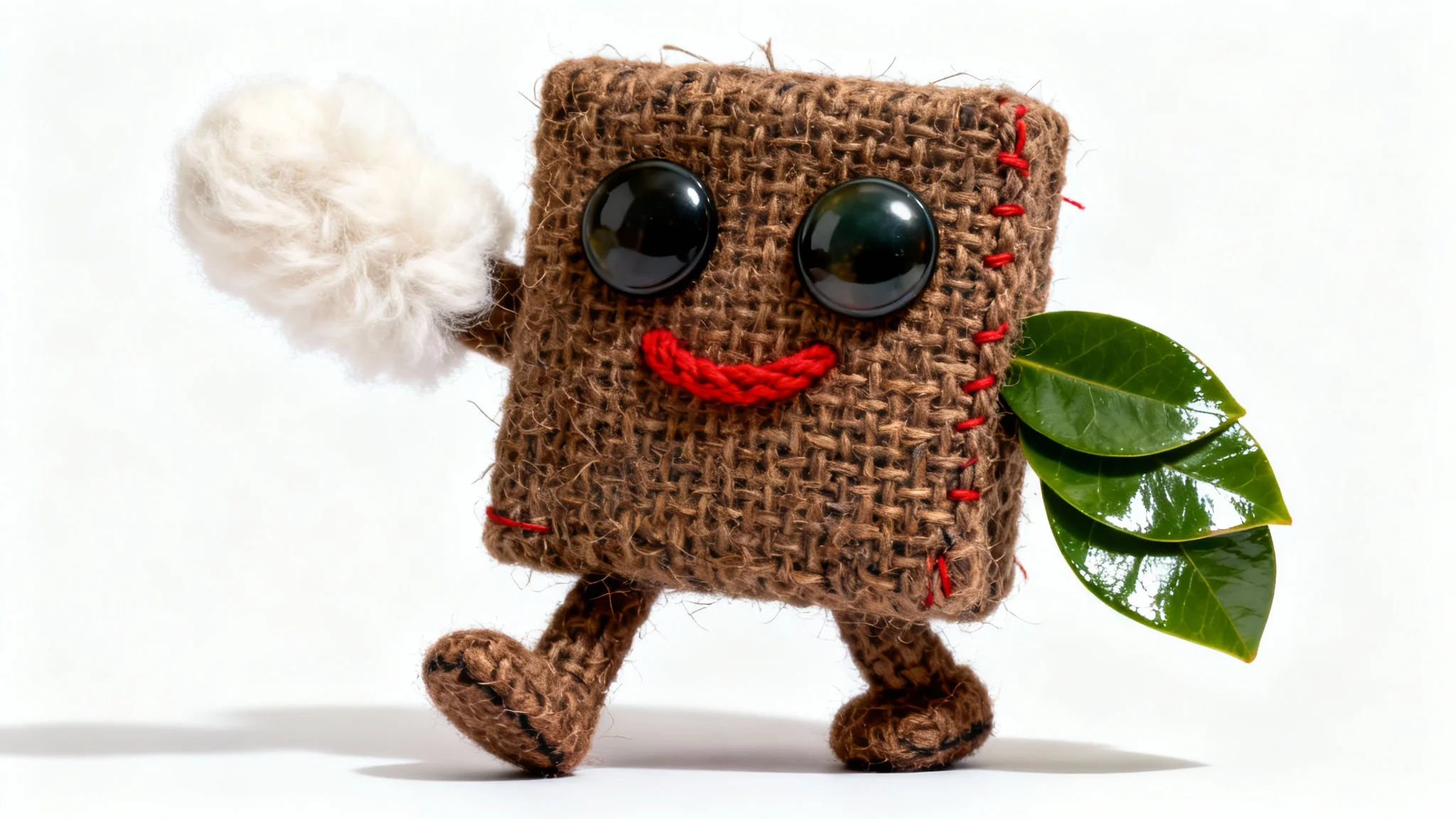 A whimsical character made of different textures, including tweed, wool, and leaves, with button eyes and a yarn smile, standing against a clean white background.