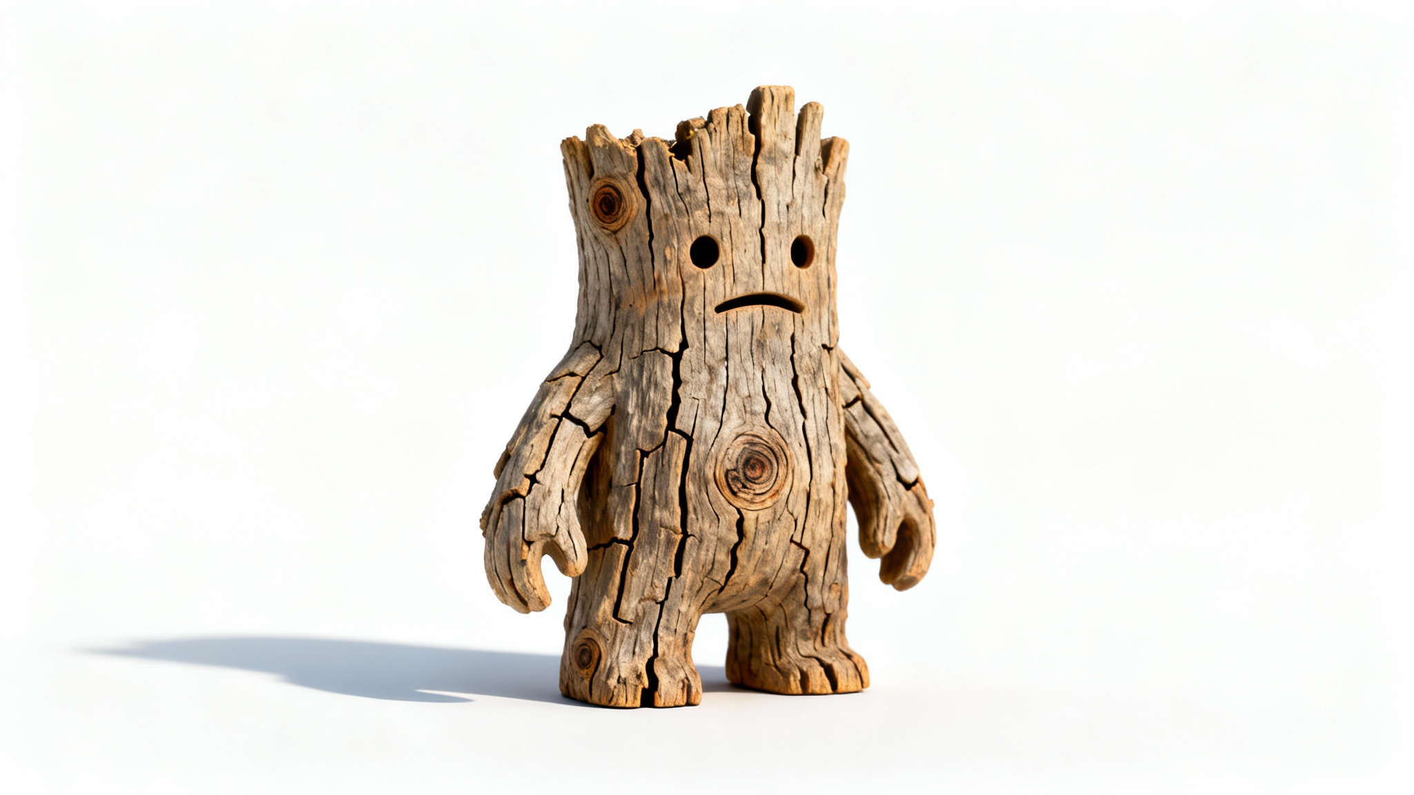 A small, friendly 3D character made entirely of detailed, cracked wood grain texture, standing on a plain white background.