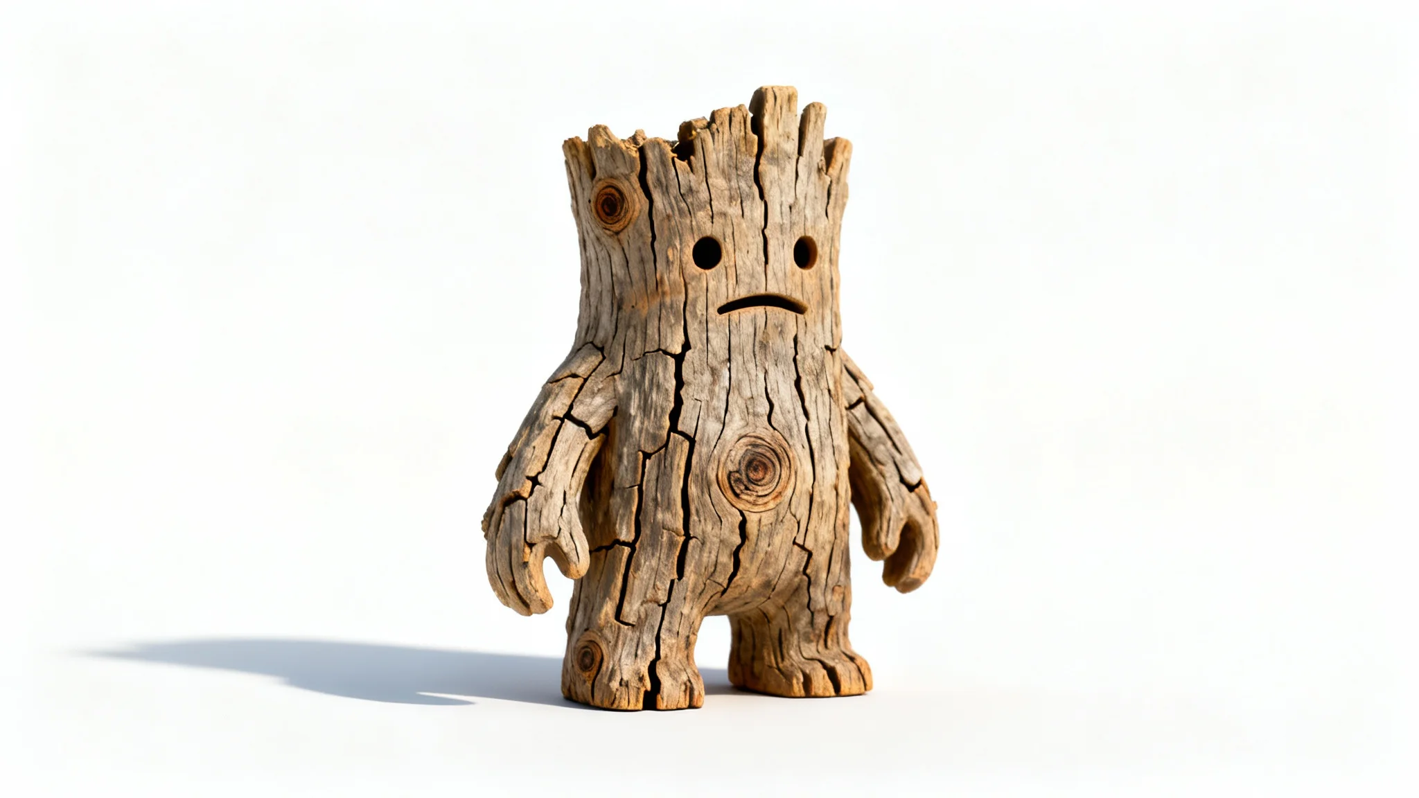 A small, friendly 3D character made entirely of detailed, cracked wood grain texture, standing on a plain white background.