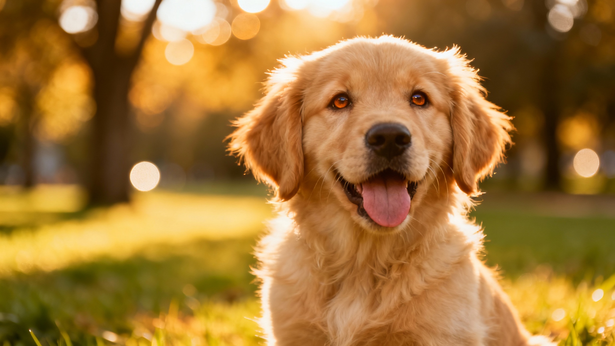 A professional, eye-catching photograph of a happy Golden Retriever puppy sitting in a park, with a beautifully blurred background showcasing the high-quality result of the pet photo tool.