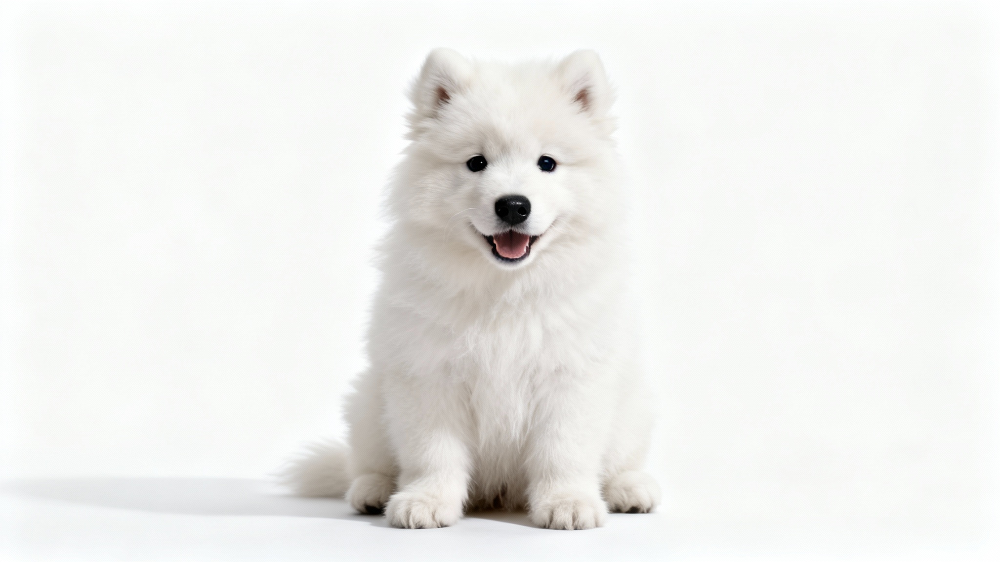 A professional, high-quality photograph of a fluffy white Samoyed puppy sitting on a plain white background, looking happily at the camera.