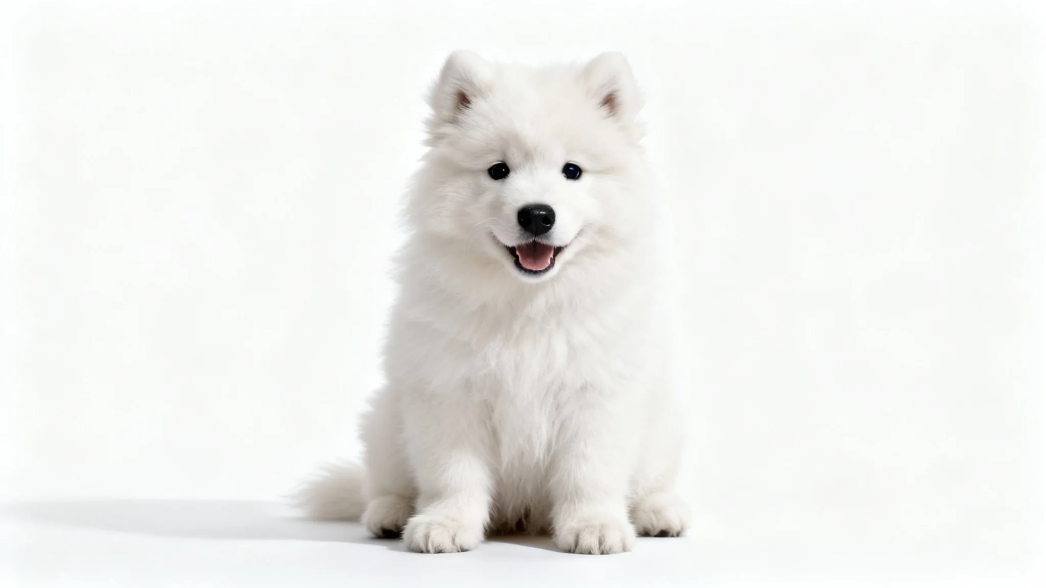 A professional, high-quality photograph of a fluffy white Samoyed puppy sitting on a plain white background, looking happily at the camera.