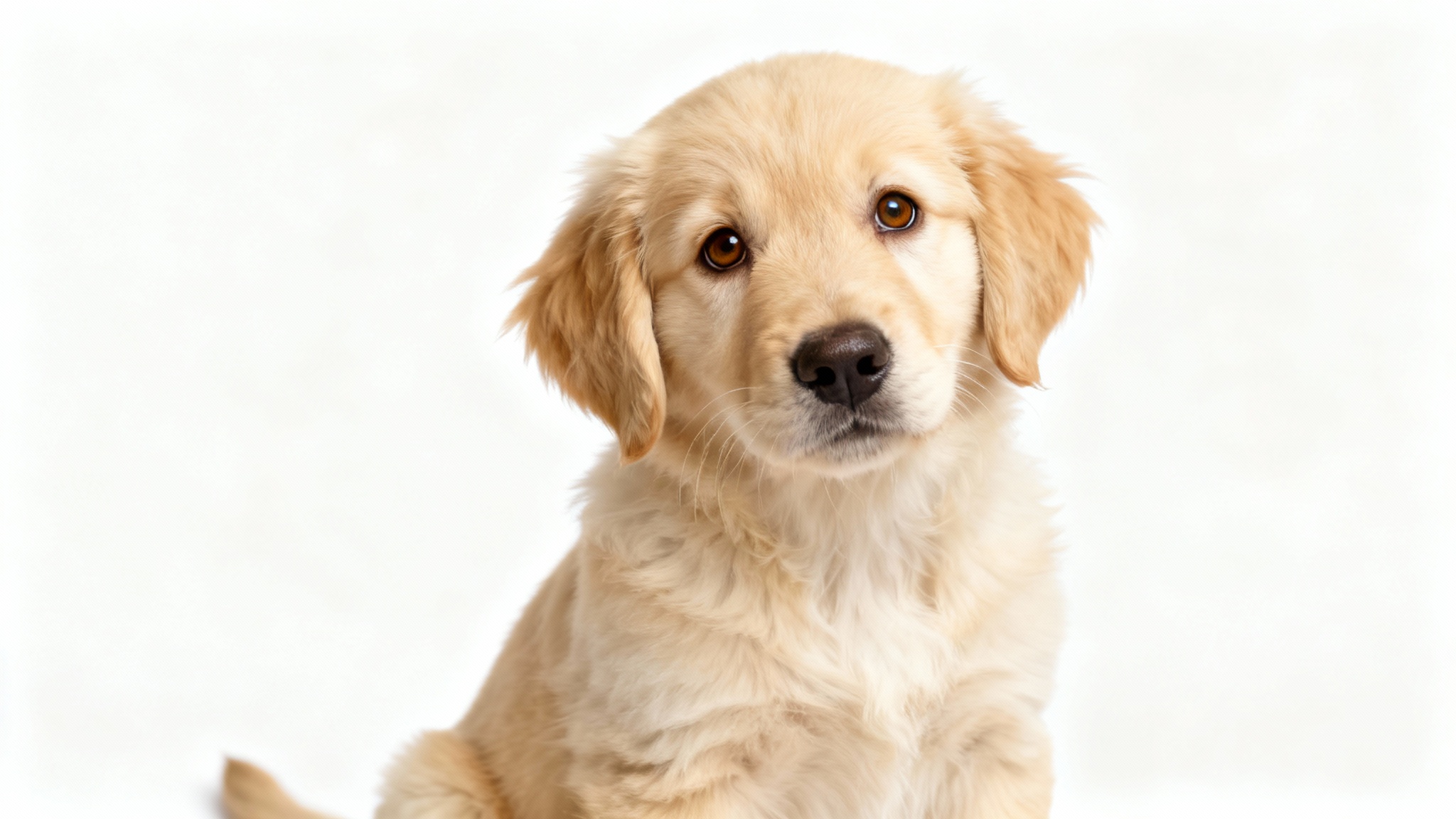 A high-quality studio photograph of a cute Golden Retriever puppy sitting on a pure white background, looking at the camera with its head tilted.