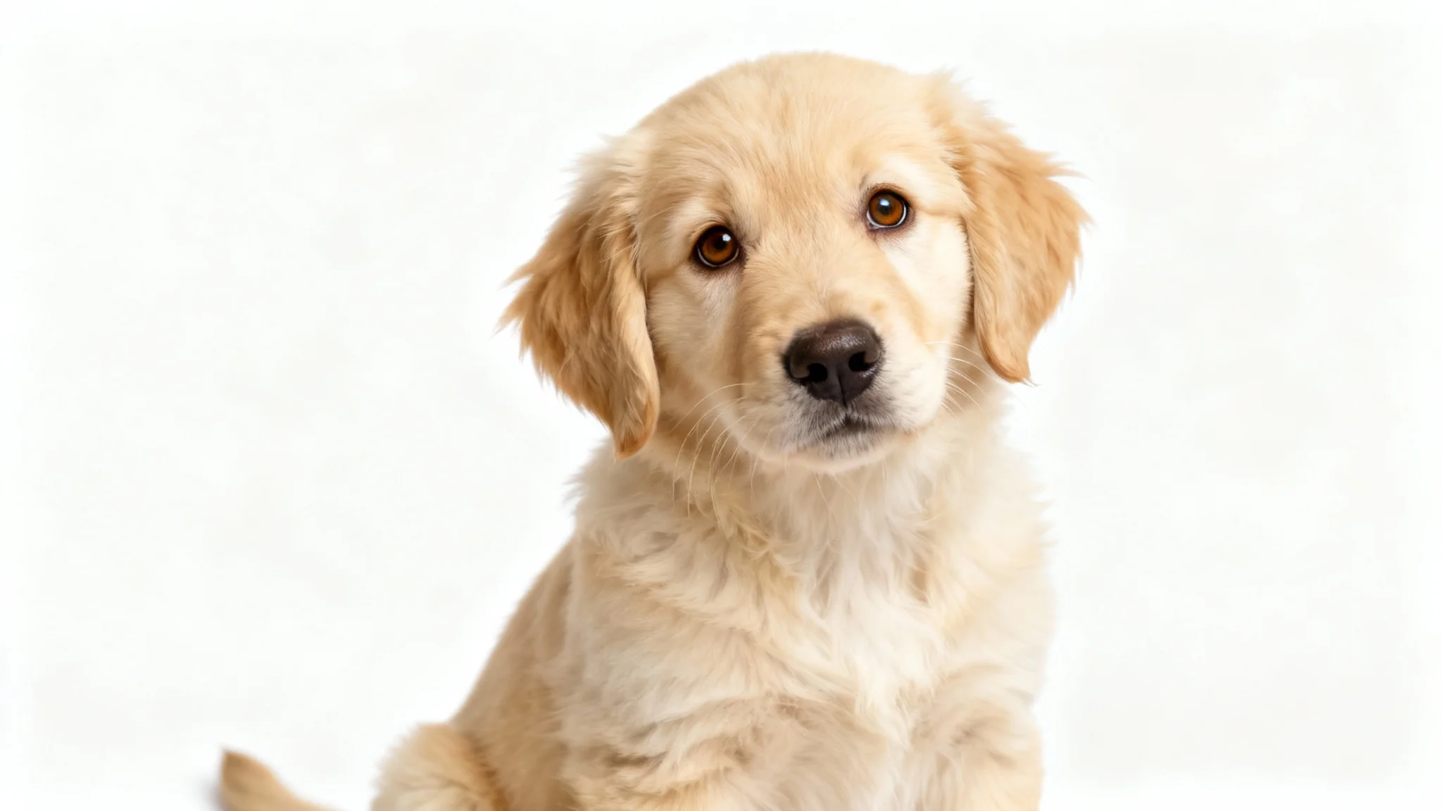 A high-quality studio photograph of a cute Golden Retriever puppy sitting on a pure white background, looking at the camera with its head tilted.