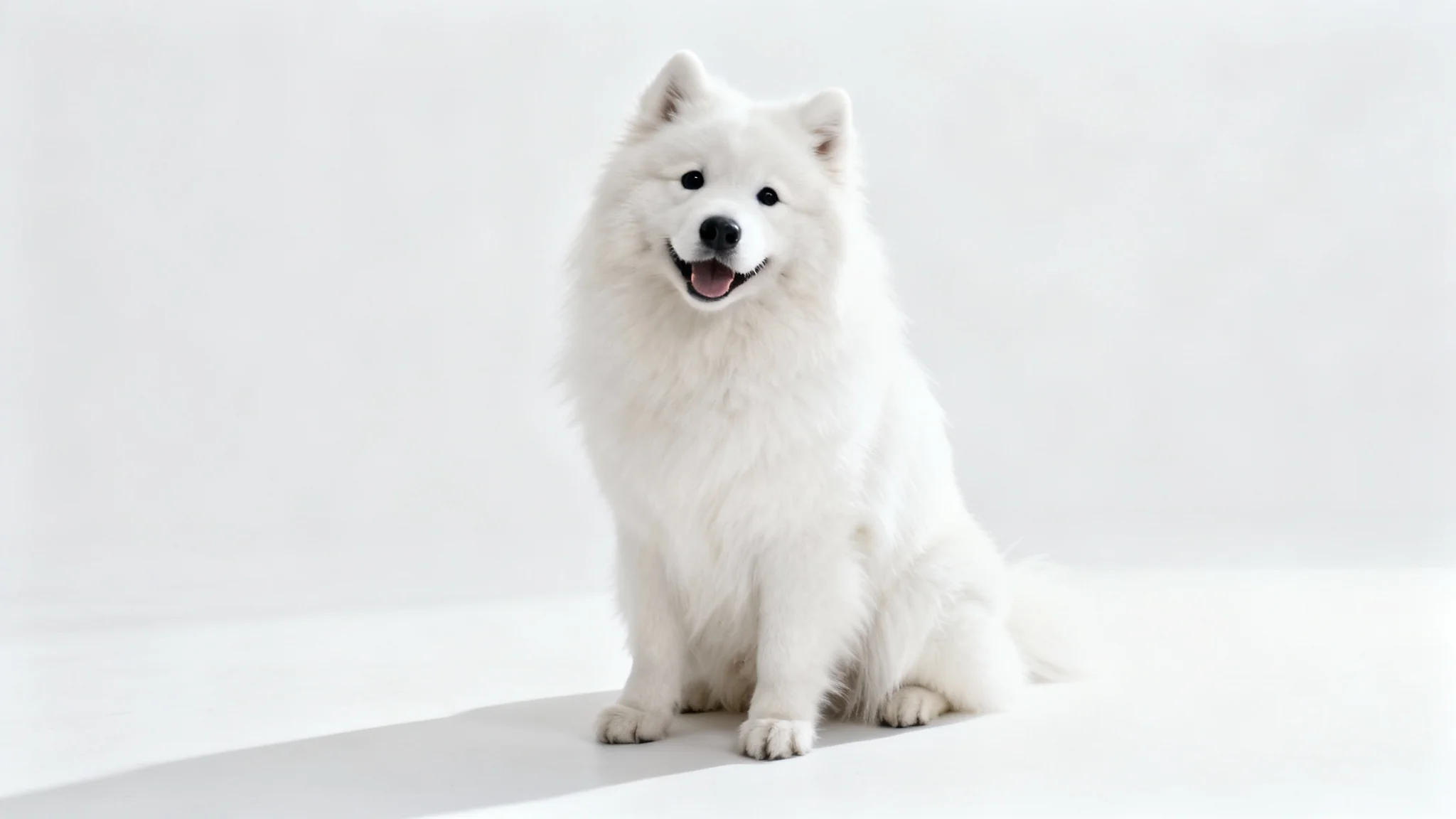 A professional, high-key studio photograph of a happy and fluffy white Samoyed dog sitting against a clean white background.