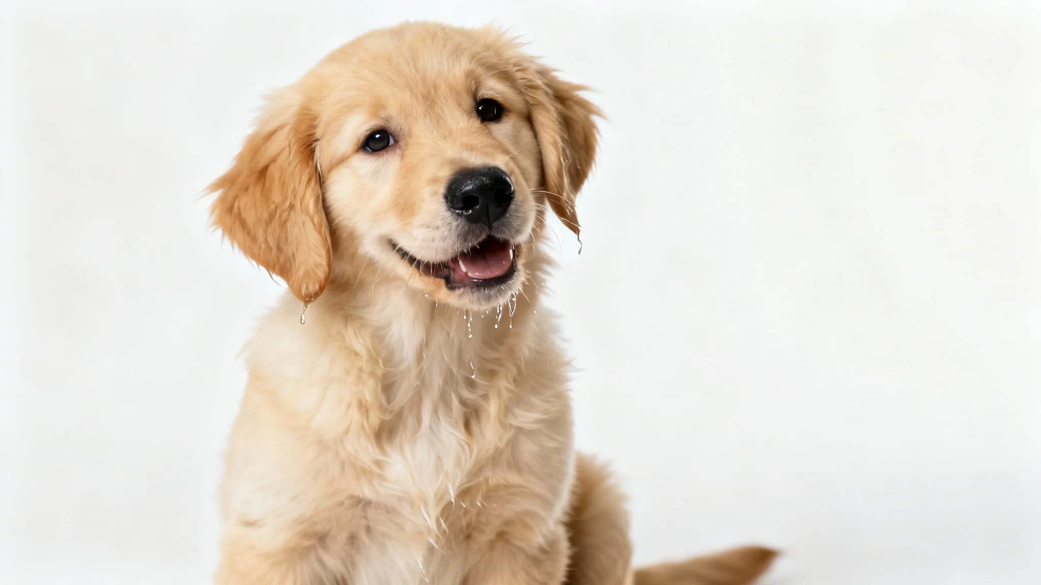 A professional studio photograph of a cute golden retriever puppy sitting and looking happily at the camera against a clean, white background.