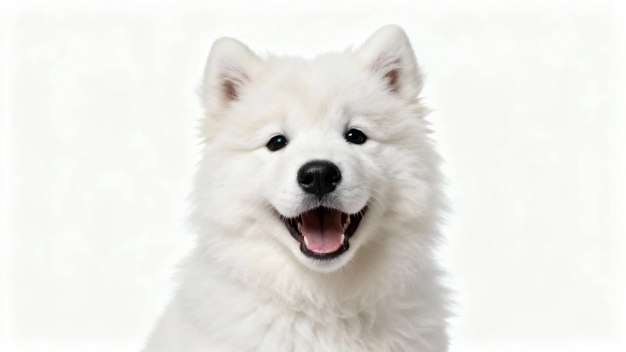 A professional, high-key studio photograph of a fluffy white Samoyed puppy sitting on a pure white background and smiling happily at the camera.