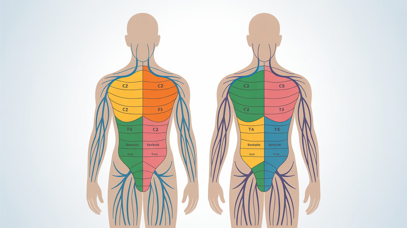A professional full-body dermatome map showing anterior and posterior views of a human figure. The body is color-coded to show skin areas supplied by specific spinal nerves, with clear labels like "C2", "T4", and "L5", presented as a polished final design.