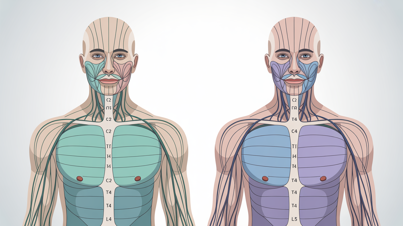 A medical illustration showing a full-body dermatome map. Two figures, one from the front and one from the back, display the areas of skin supplied by specific spinal nerves, which are color-coded and labeled for clarity.