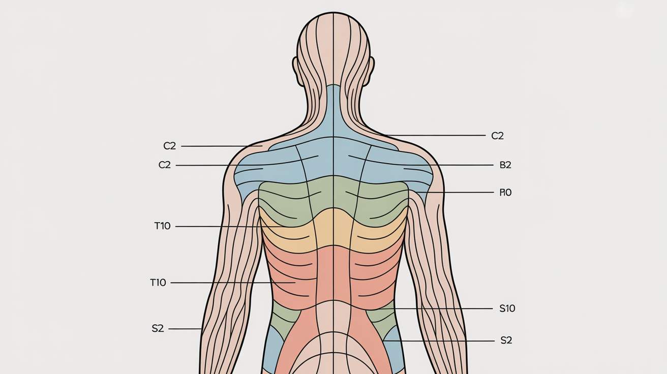 A medical illustration of a dermatome map showing the sensory nerve distribution on the back of a human body, with distinct colored sections and clear labels for each spinal nerve.
