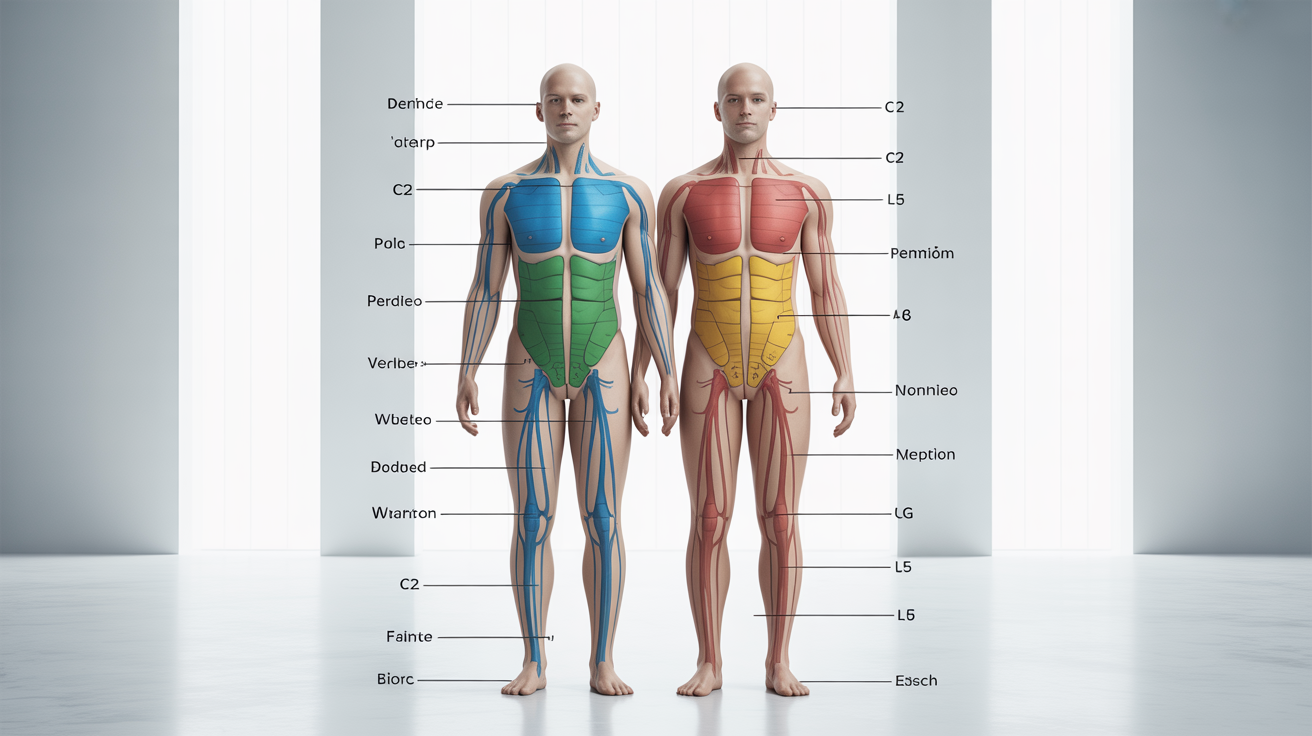 A clinical illustration of a dermatome map showing the anterior and posterior views of a human body. The body is divided into colored sections, each labeled with the corresponding spinal nerve, to show sensory distribution.