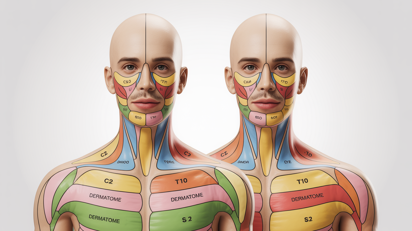 A clear medical illustration of a human dermatome map, showing both front and back views of a body sectioned into different colors to indicate nerve supply zones.