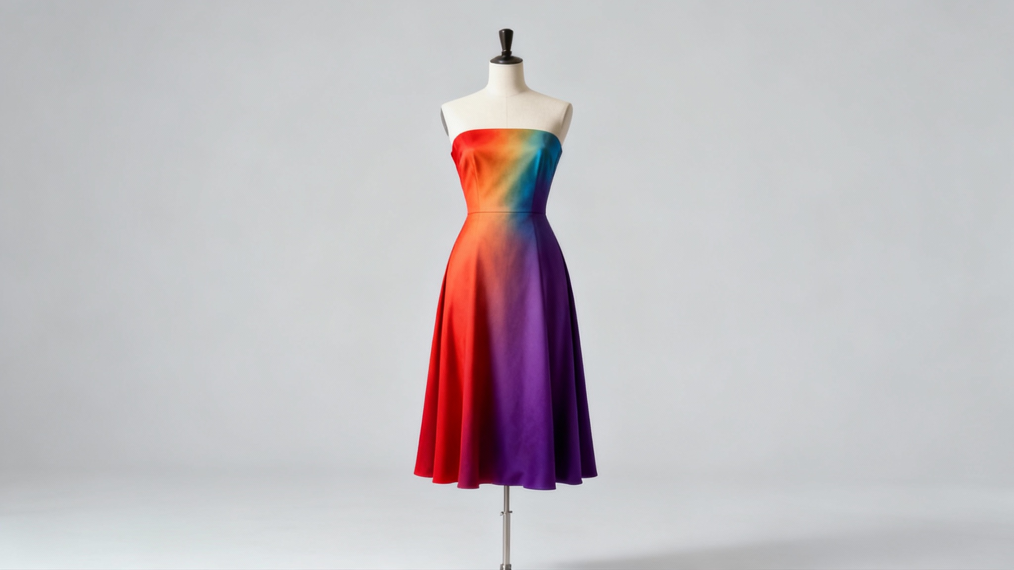 A hero image demonstrating a hue changer tool, featuring a single elegant dress on a mannequin that transitions through all the colors of the rainbow against a clean studio background.