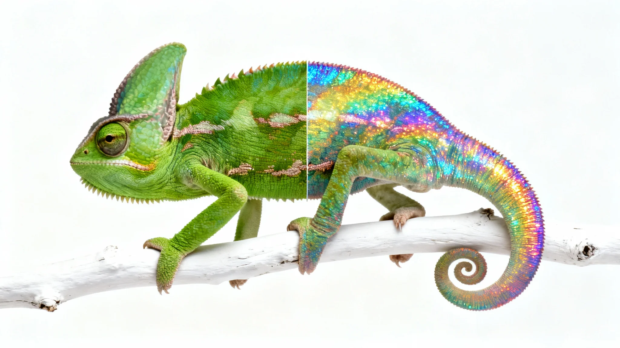 A chameleon on a white branch against a white background, its color changing from natural green on its front half to a vibrant rainbow on its back half, illustrating a hue changer effect.