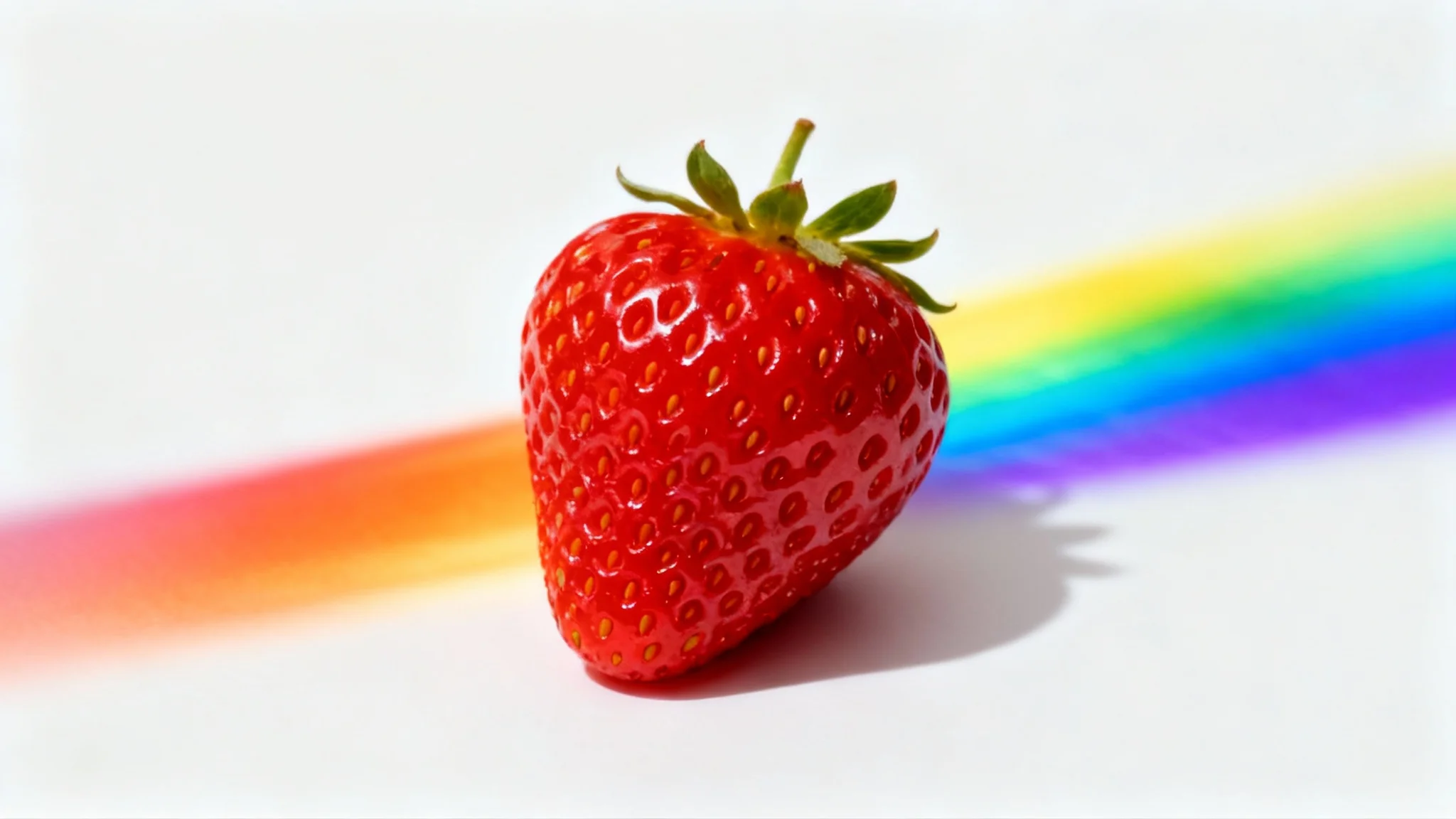 A photorealistic image of a single red strawberry on a white background, with a rainbow color gradient overlaid on it, demonstrating a hue-changing effect.