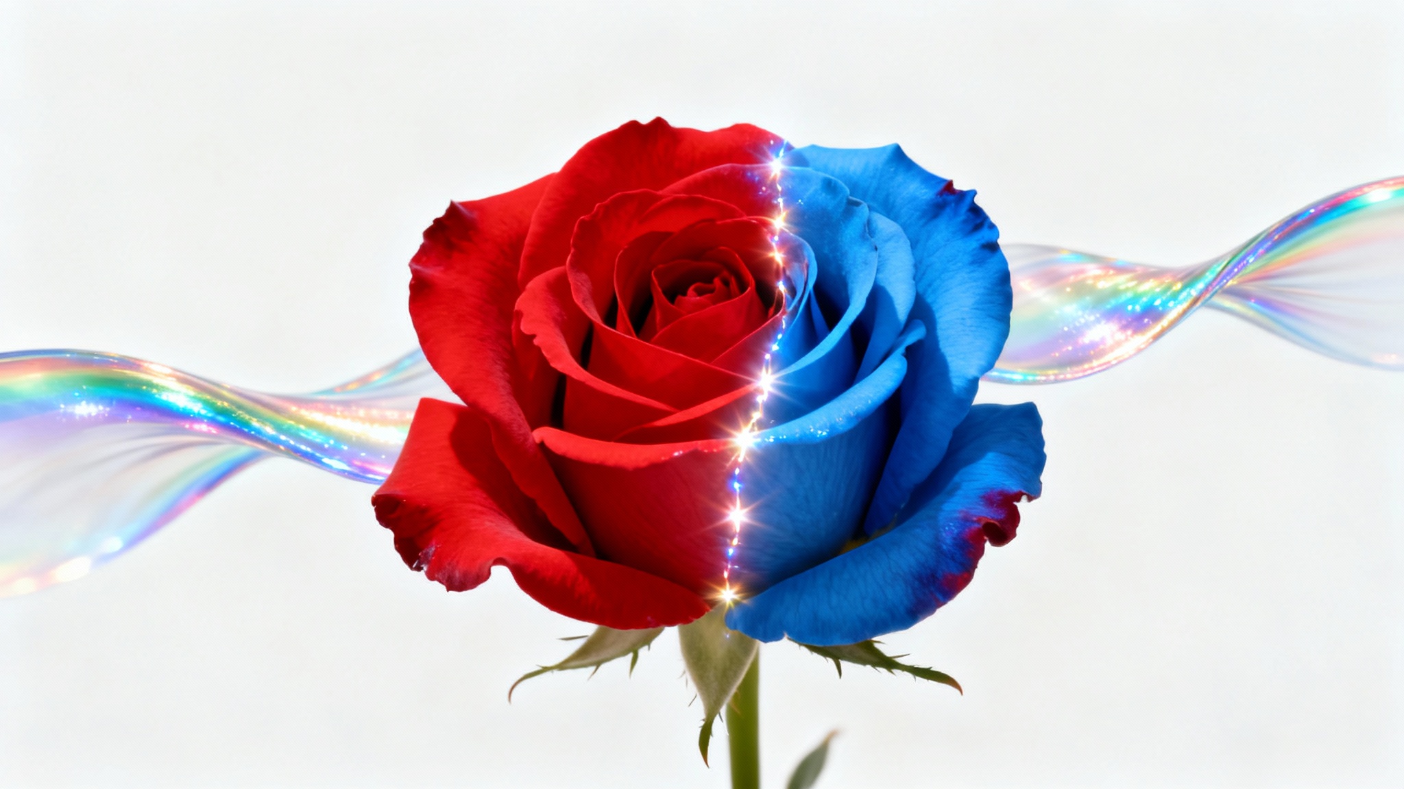 A photorealistic red rose on a white background being transformed into a blue rose by a wave of colorful light, illustrating a hue changer effect.