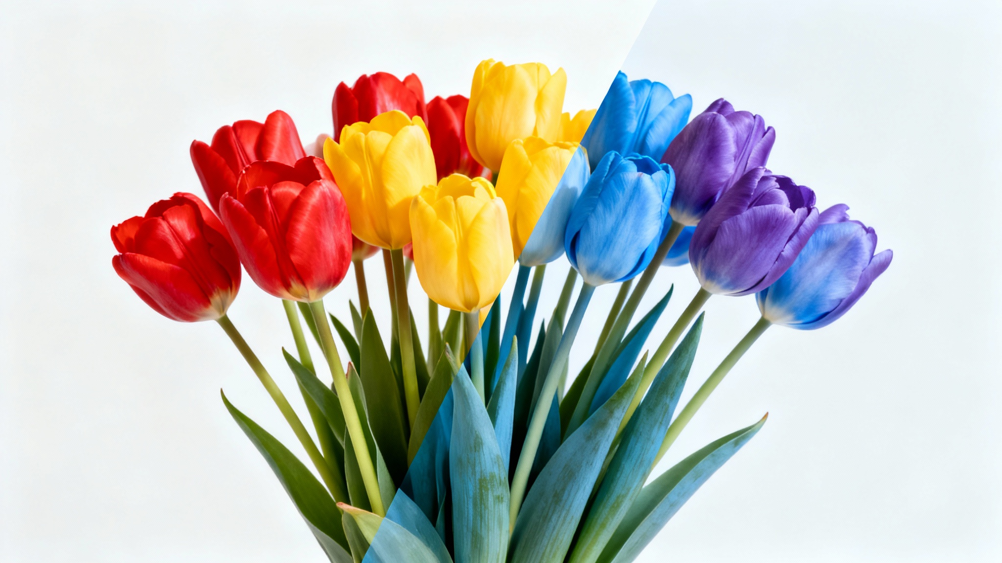 A bouquet of tulips shown diagonally split, with one half featuring natural red and yellow colors and the other half showing the same flowers with their colors digitally changed to blue and purple, illustrating a hue changer tool.