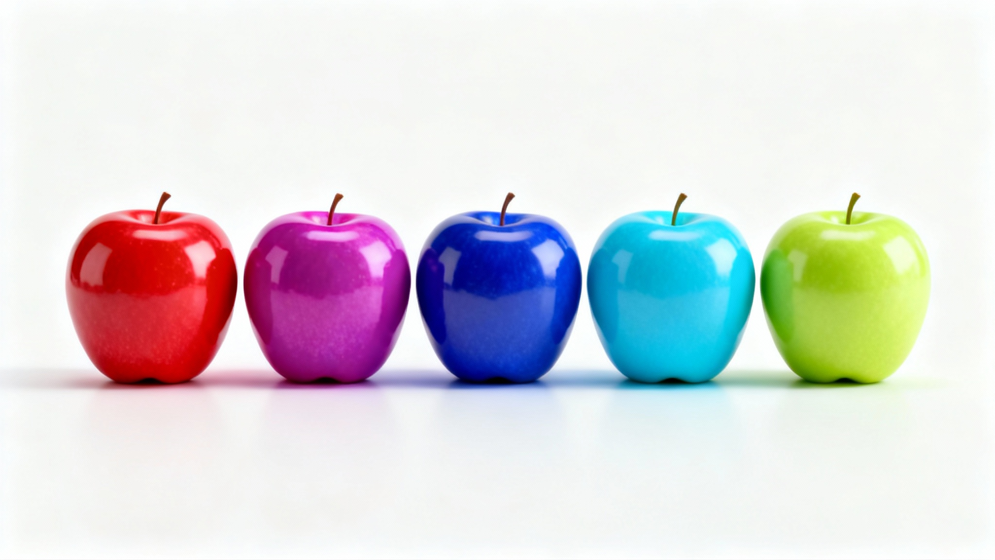 A row of five identical apples on a white background, each a different vibrant color, transitioning from red to magenta, blue, cyan, and green, illustrating a hue changing effect.
