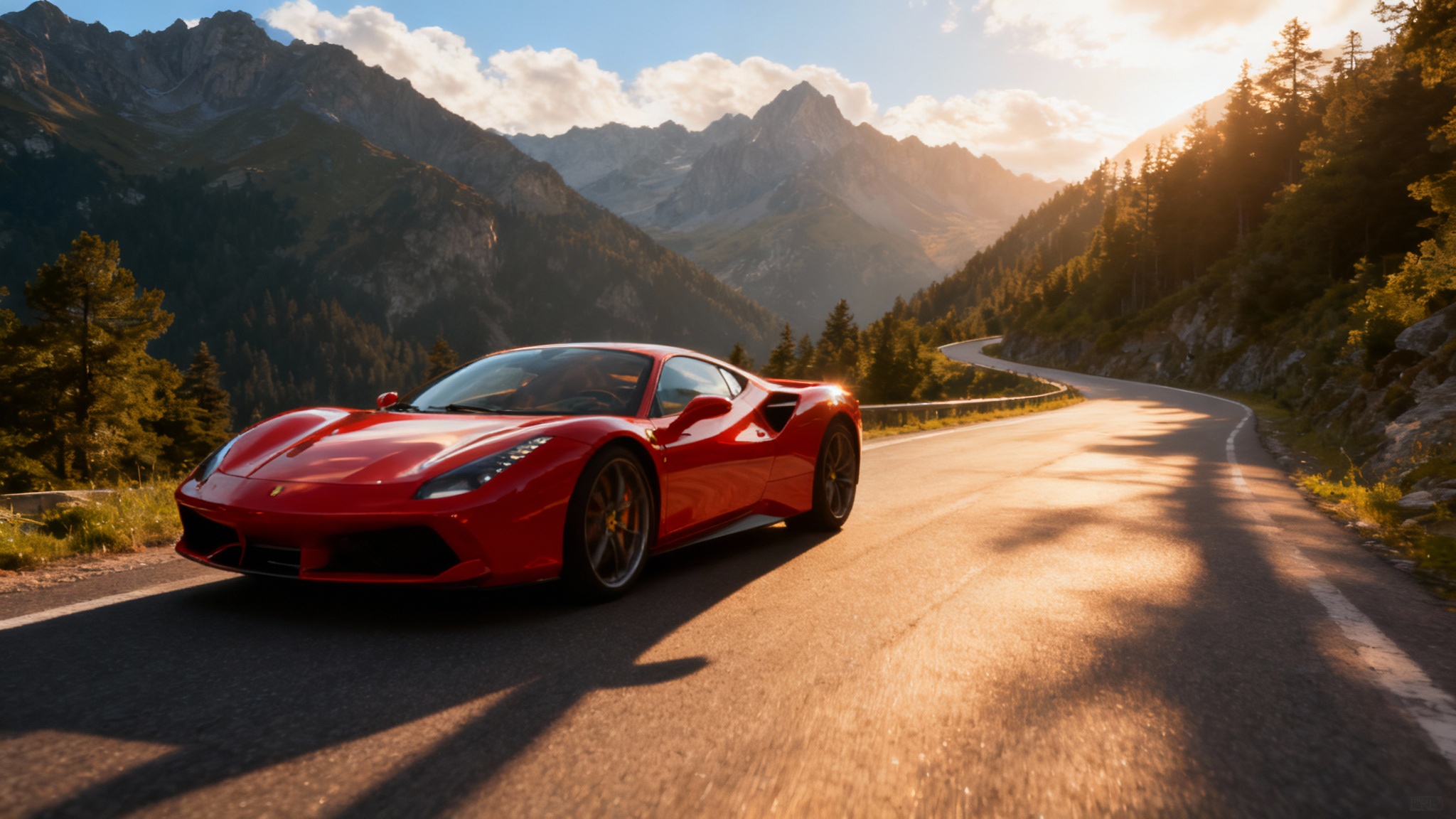 A vibrant, photorealistic image of a red sports car perfectly placed on a winding mountain road, showcasing the final result of a background editor tool. The car is set against a majestic backdrop of towering peaks and a bright blue sky, with realistic lighting and reflections demonstrating a high-quality background replacement.