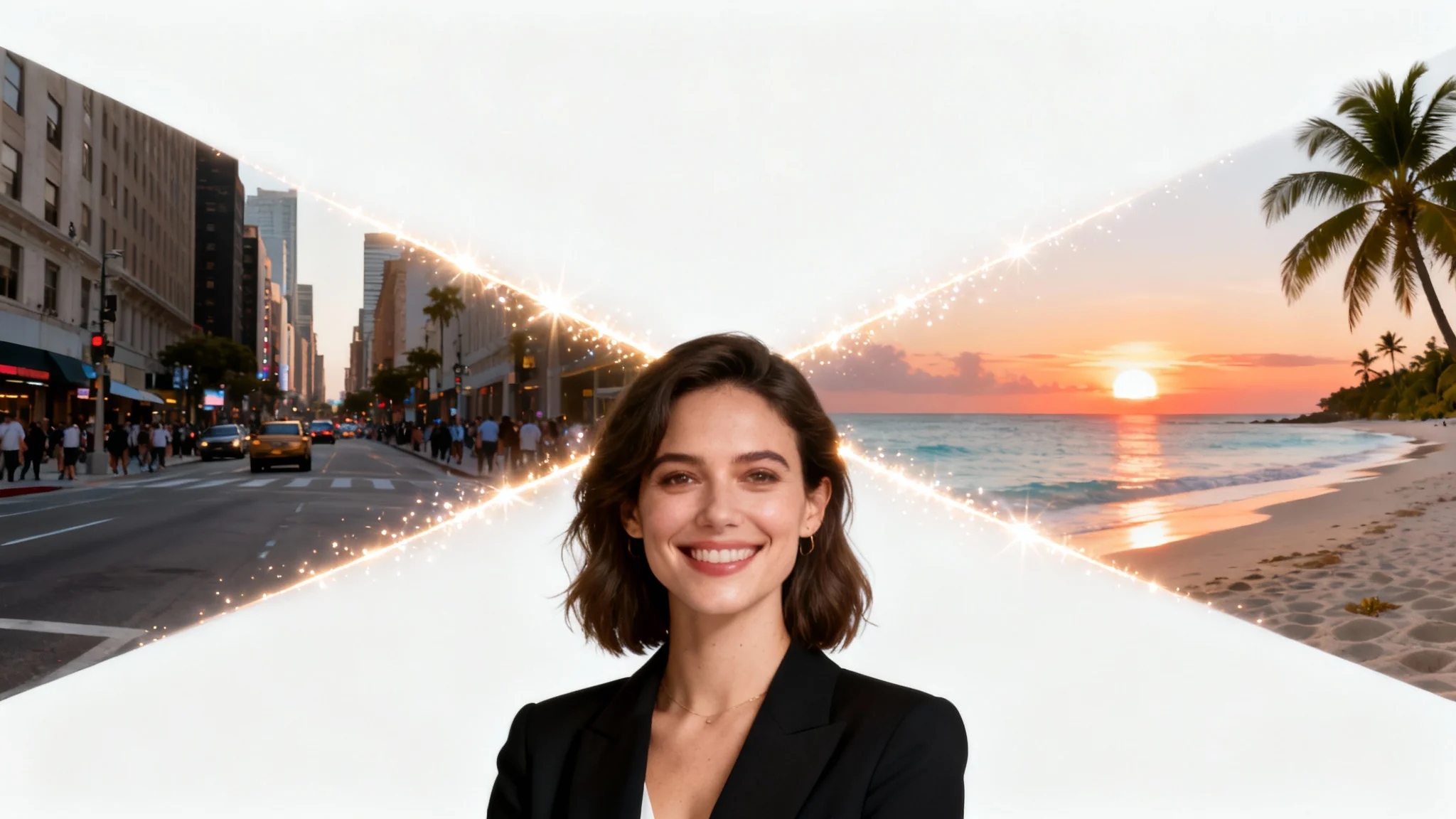 A woman stands in front of a background being edited, with one side showing a city and the other a tropical beach, demonstrating a background editor feature.