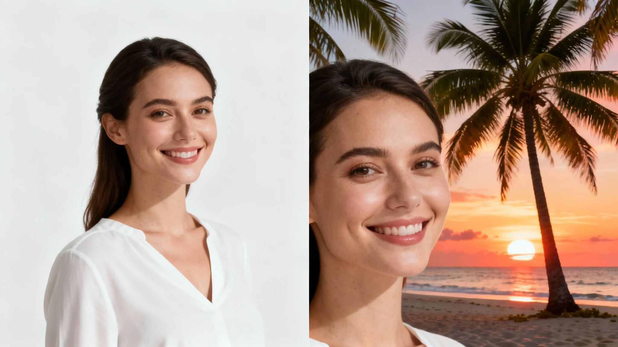 A split image showing the power of a background editor. On the left, a woman stands in front of a plain grey wall; on the right, the same woman is now on a beautiful tropical beach at sunset.