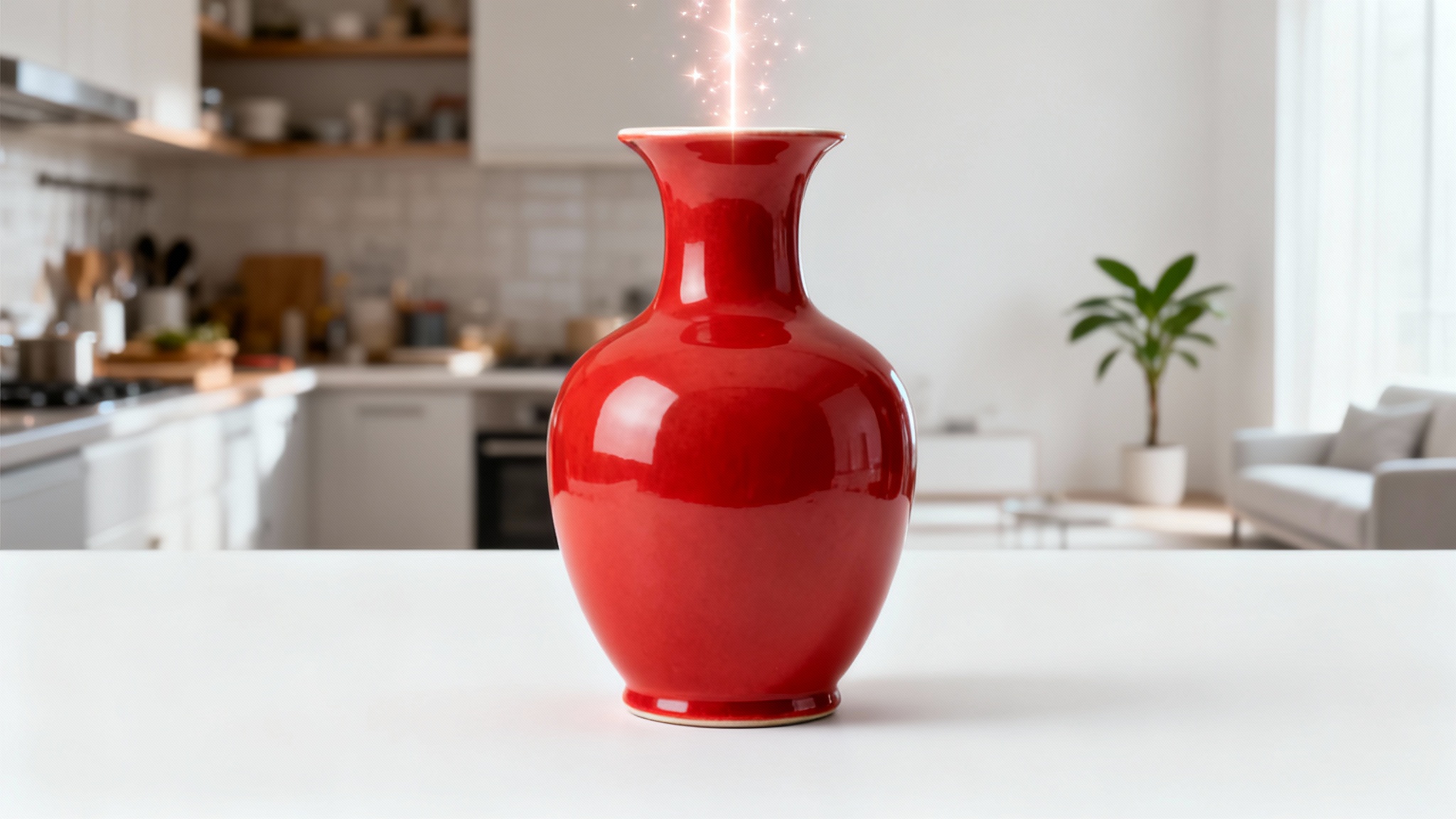 A conceptual image showing a red vase with two different backgrounds behind it, split down the middle, representing a background editor tool.