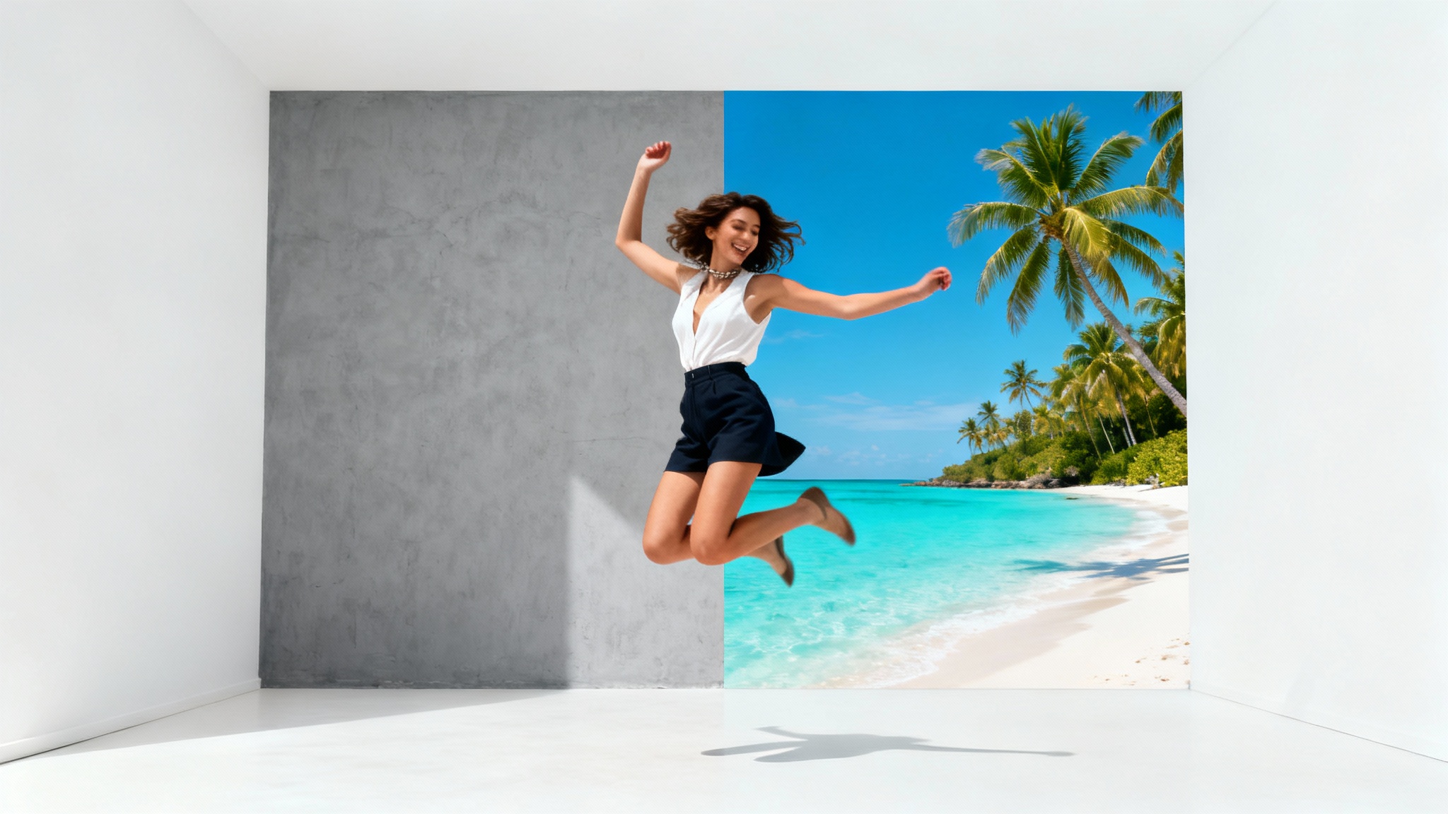 A woman is captured mid-jump, with the background behind her split between a dull grey wall and a beautiful tropical beach, demonstrating a background editing effect.