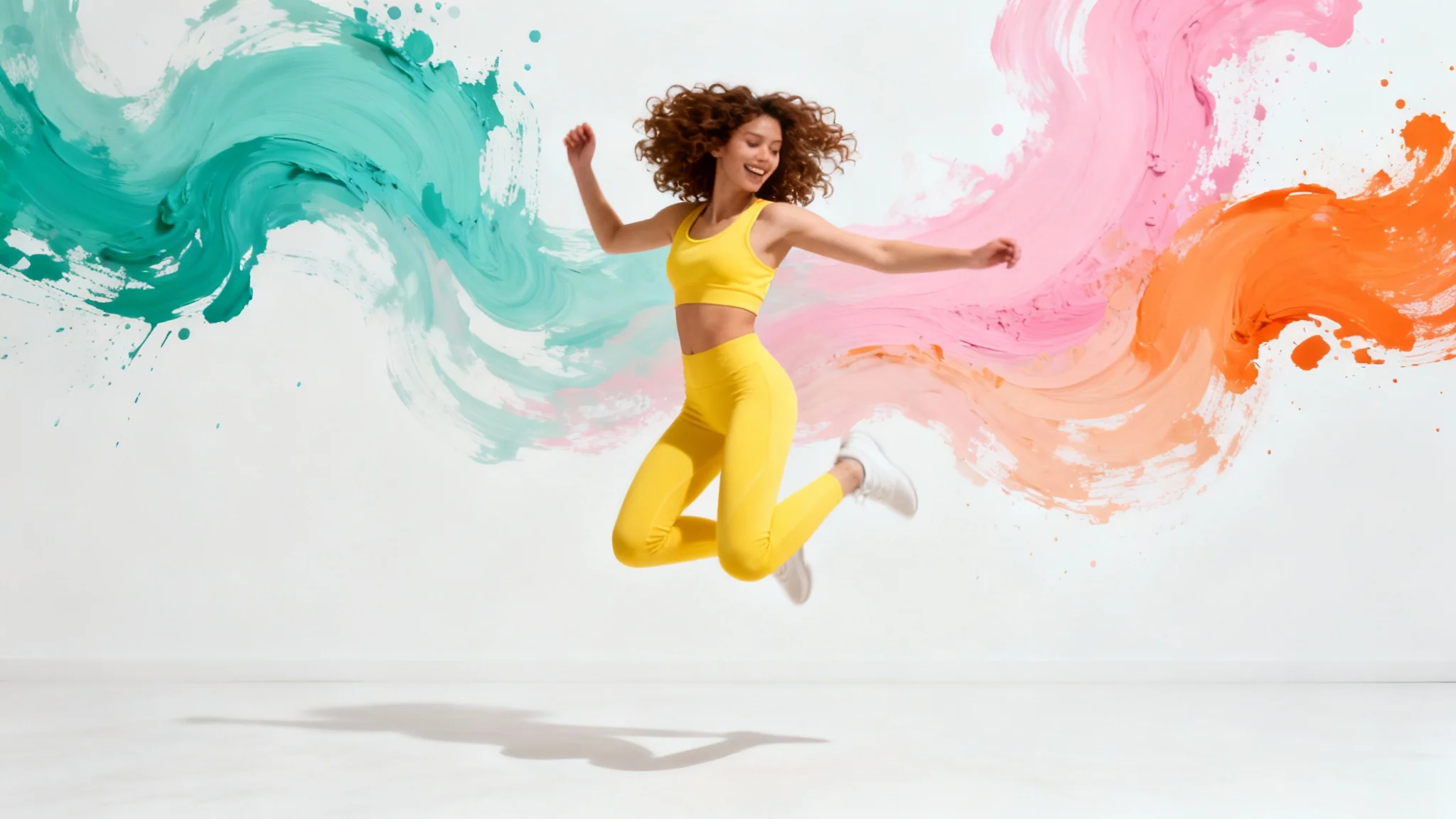 A woman in bright yellow sportswear is frozen mid-jump, perfectly edited onto a new, artistic background of colorful paint swirls, with the entire image set against a plain white background.