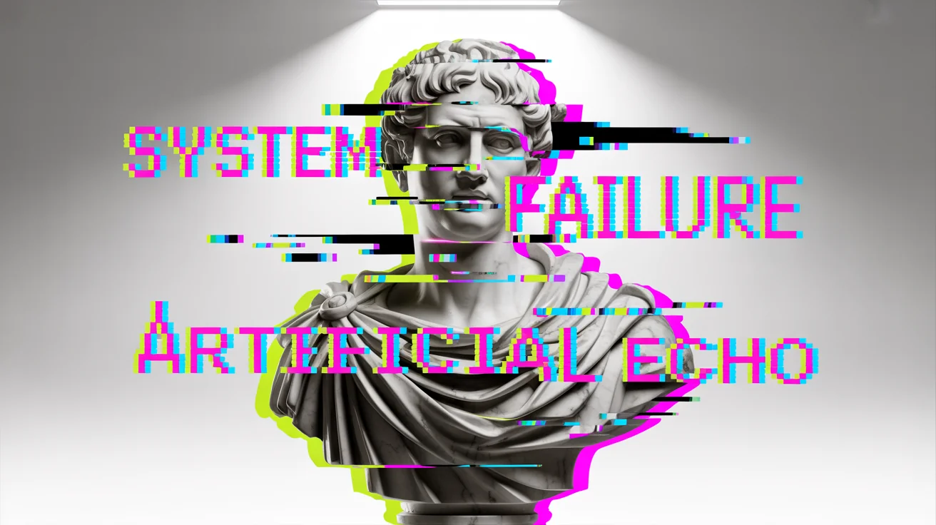 A piece of digital glitch art showing a classical statue's head breaking apart with digital errors. The image features neon pink and blue color shifts, pixelation, and the words 'SYSTEM FAILURE' and 'ARTIFICIAL ECHO' embedded in the design.