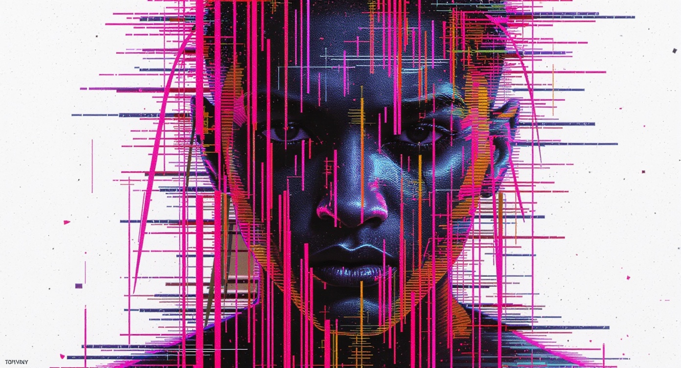 A close-up portrait heavily distorted with colorful glitch art effects, including pixel sorting and RGB color splitting, isolated on a plain white background.