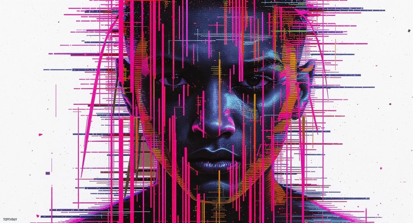 A close-up portrait heavily distorted with colorful glitch art effects, including pixel sorting and RGB color splitting, isolated on a plain white background.