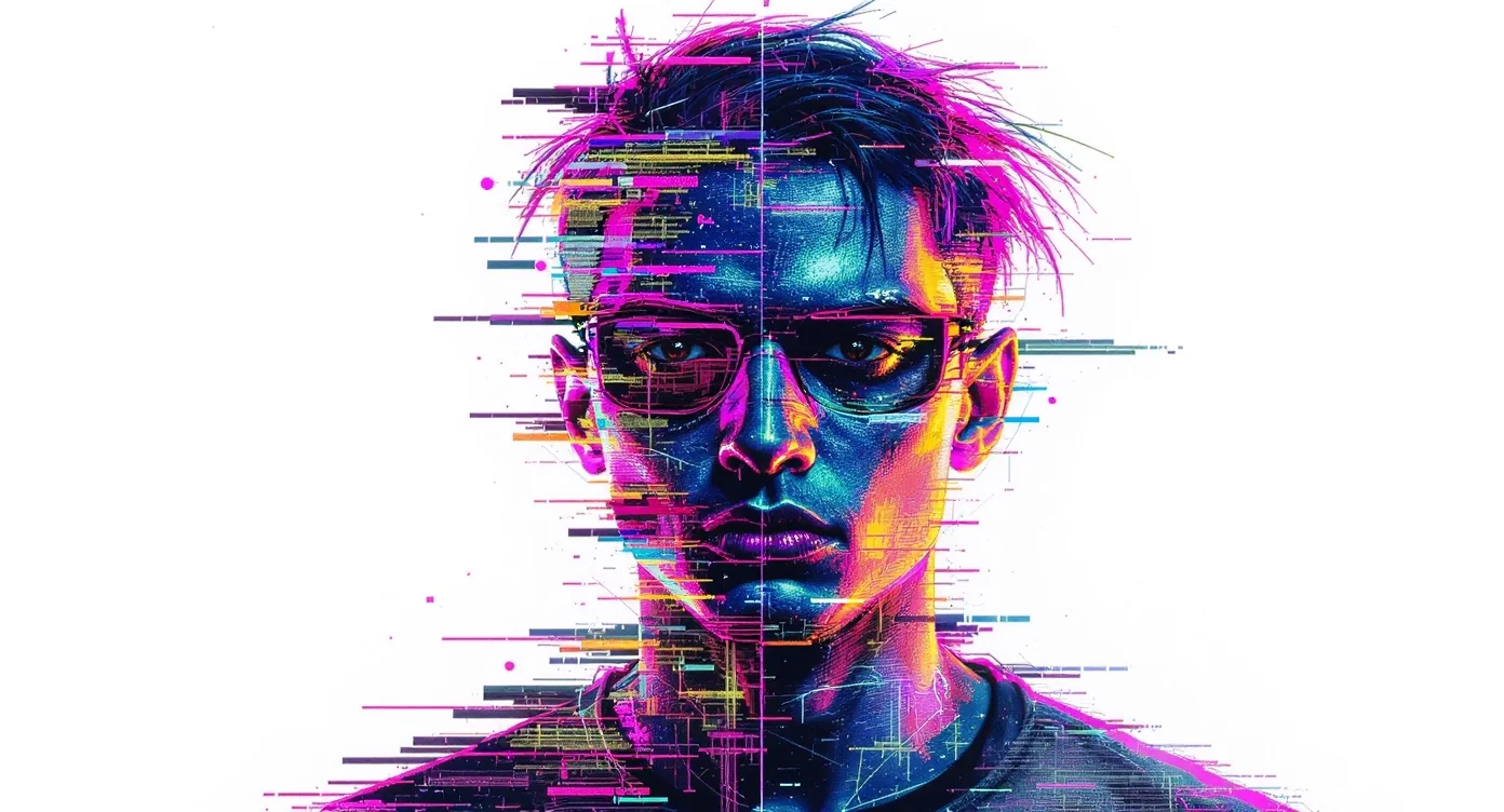 A visually dynamic piece of glitch art featuring a distorted portrait with vibrant neon color splits and digital artifacts, presented as a mockup on a plain white background.