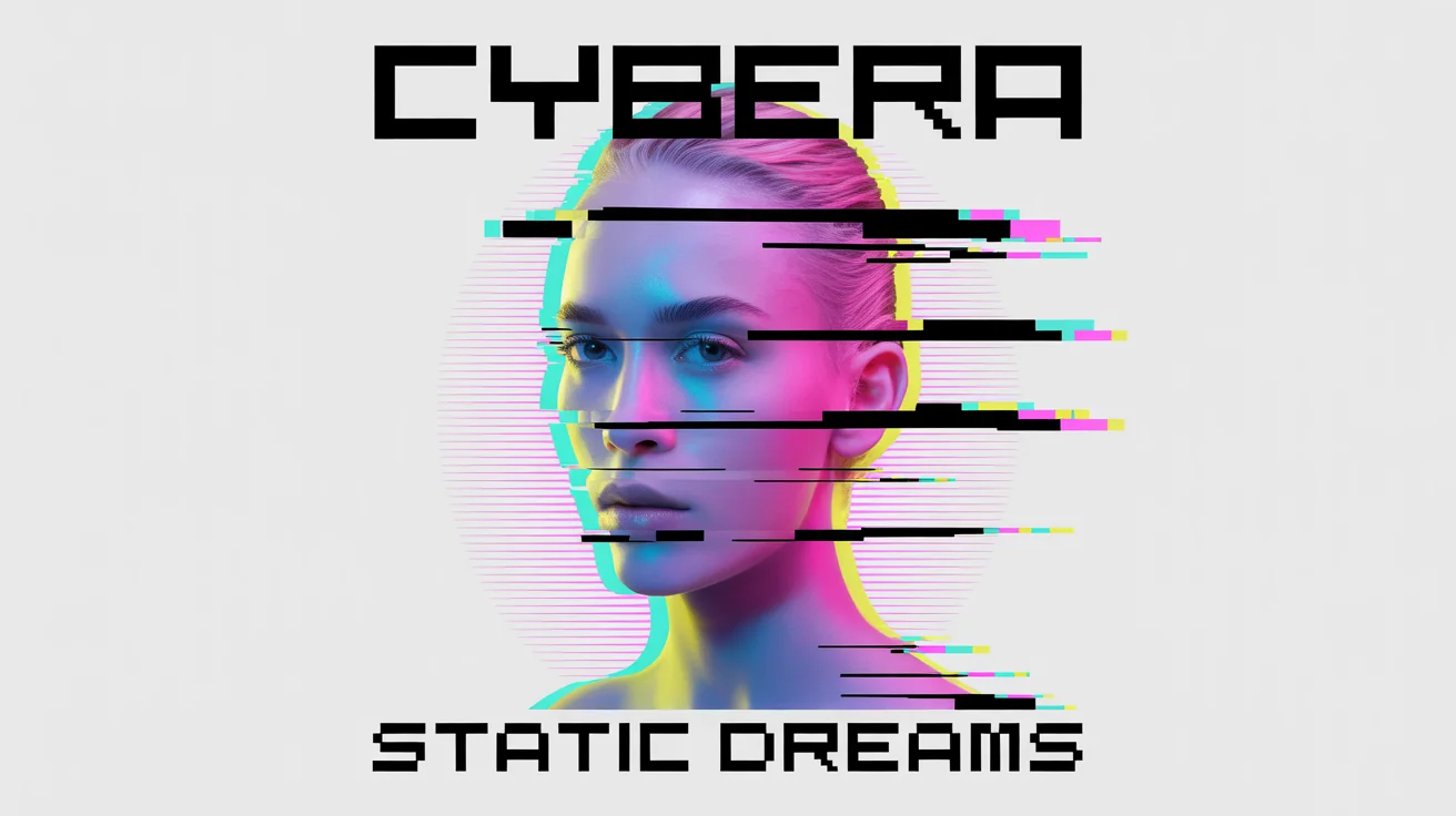 A mockup of a square album cover with glitch art. The cover features a distorted portrait with vibrant neon colors and the words 'CYBERA' and 'STATIC DREAMS'.