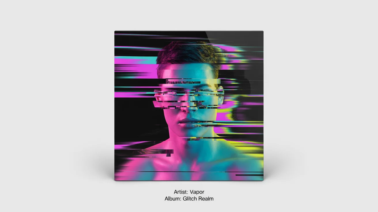 A mockup of a square album cover with glitch art. The cover features a distorted, colorful portrait and the text 'ARTIST: VAPOR' and 'ALBUM: GLITCH REALM', all set against a plain white background.