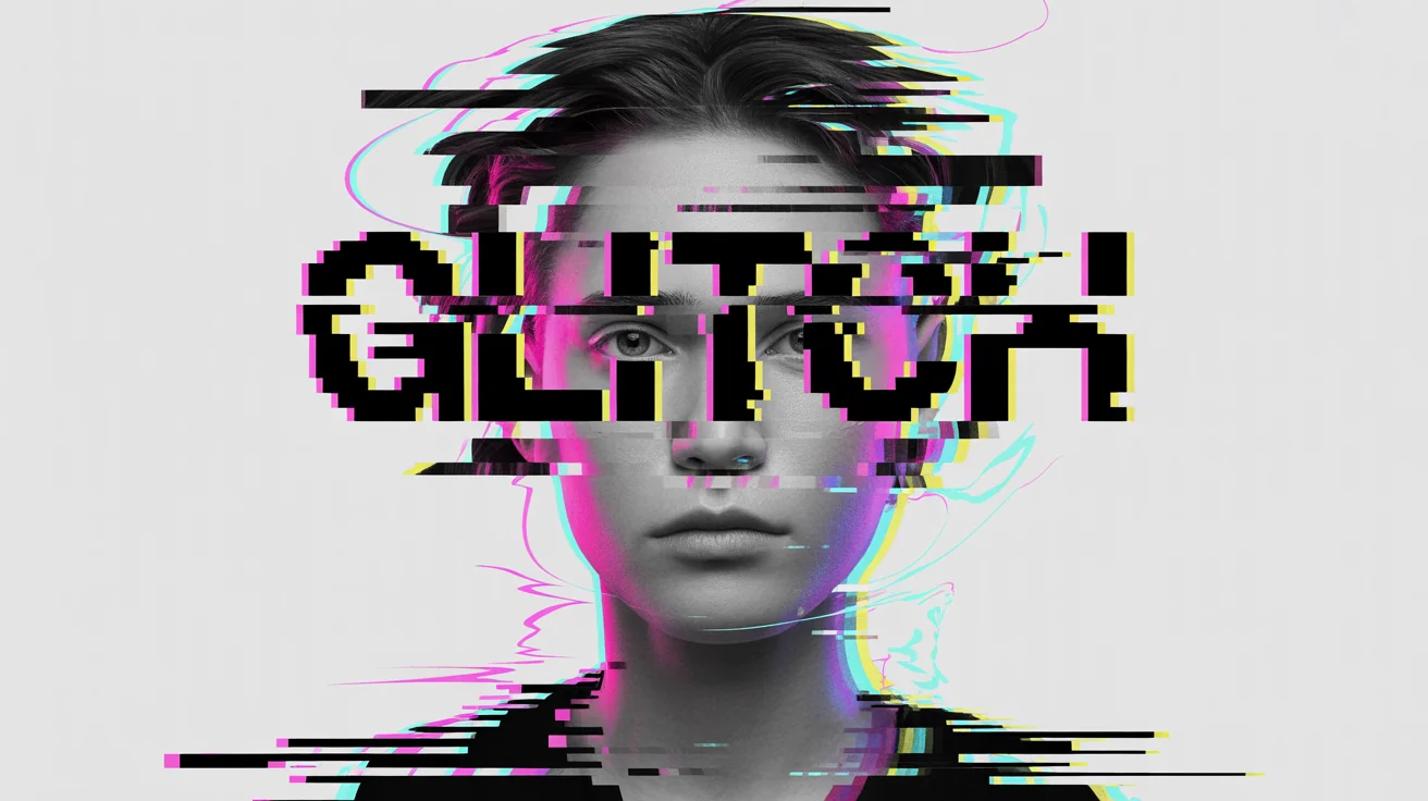 A digital art poster mockup demonstrating glitch art. A photorealistic portrait is heavily distorted with pixelation, color splits, and digital errors, creating an edgy, abstract effect on a clean white background. The word 'GLITCH' is visible within the artwork.