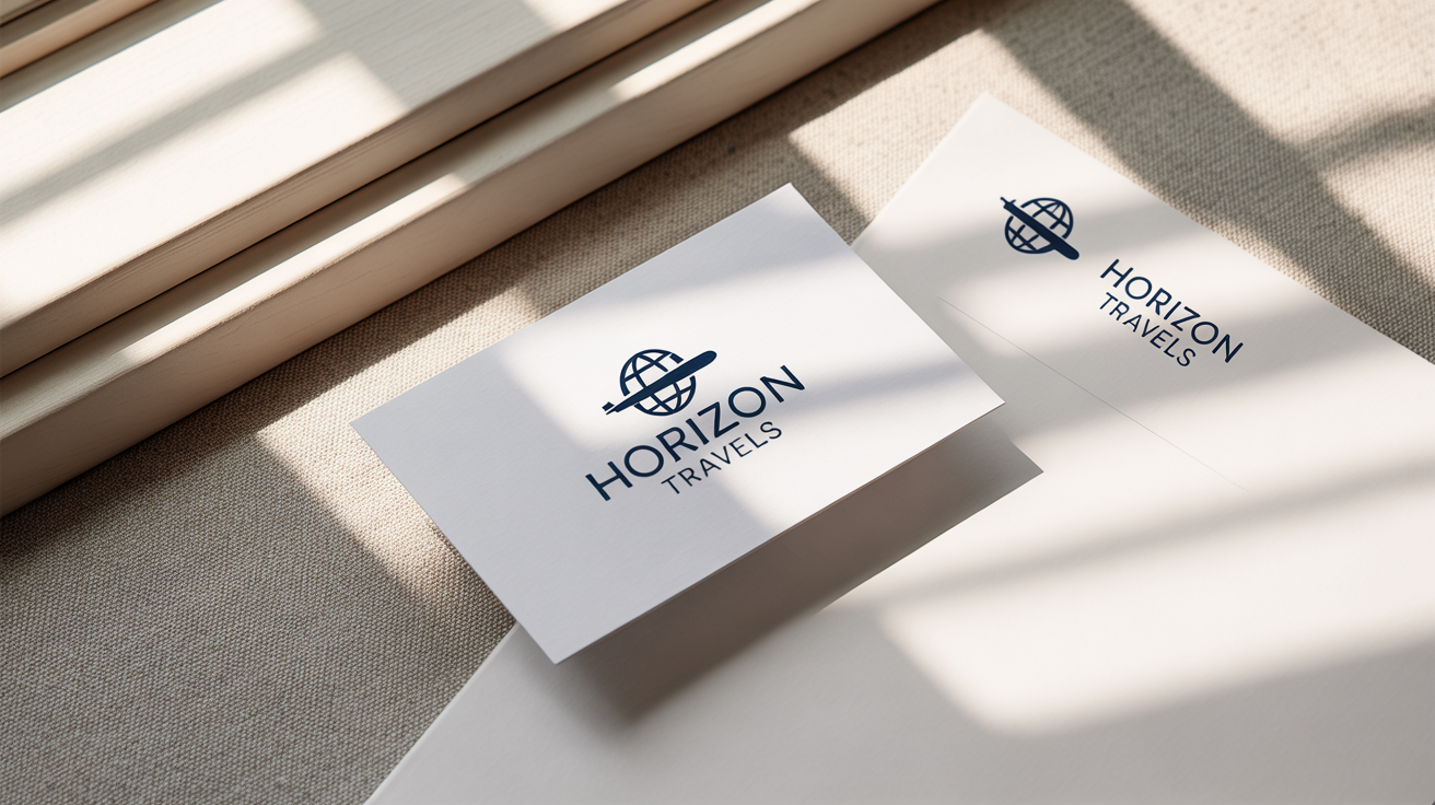 A professional logo for a travel agency called 'Horizon Travels', showcased on a business card and letterhead in a clean, minimalist mockup.
