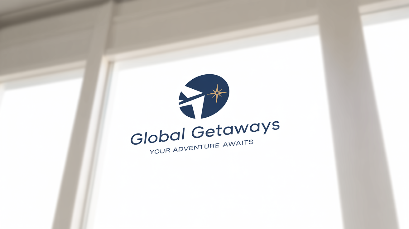 A modern travel agency logo mockup for 'Global Getaways'. The logo features a blue and yellow circular icon of a plane and compass, presented on a clean white background.