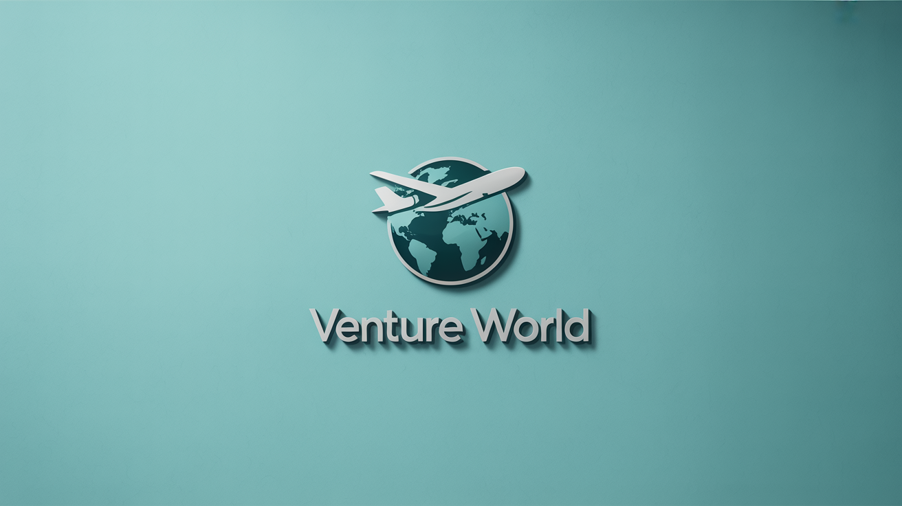 A modern travel agency logo for 'Venture World', featuring a teal and coral icon of a plane integrated with a globe, presented on a clean white background.