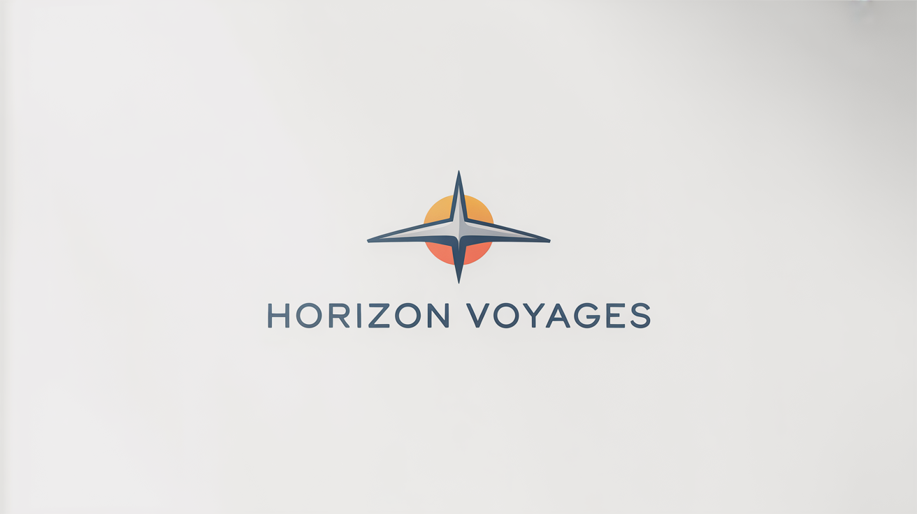 A professional logo for a travel agency called 'Horizon Voyages', featuring a minimalist airplane and compass icon in navy blue and orange on a clean white background.