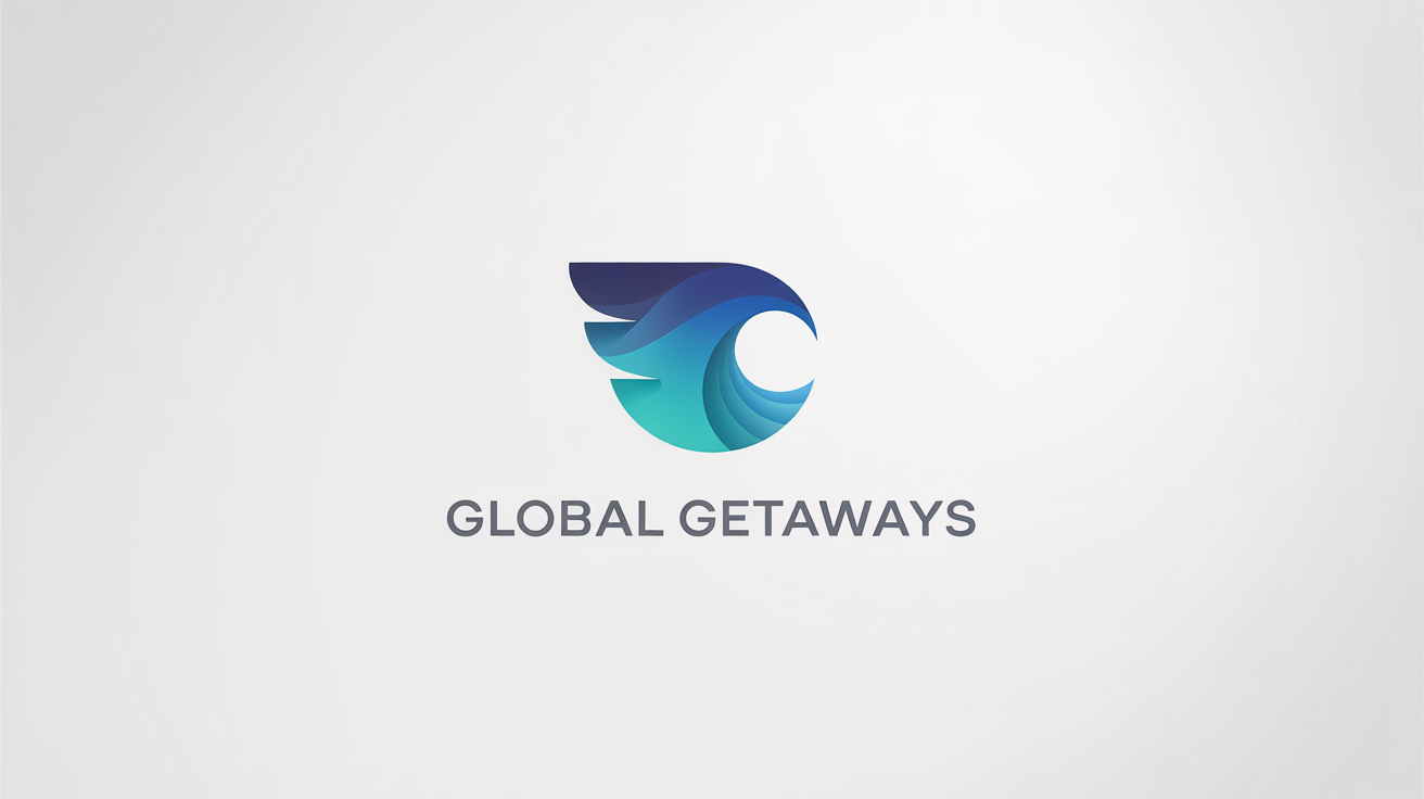 A modern logo for a fictional travel agency called 'Global Getaways', featuring a stylized blue and turquoise icon of a wing and a wave, on a white background.