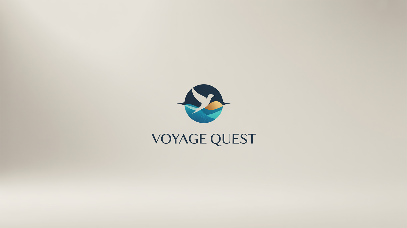 A modern logo for a travel agency named 'Voyage Quest', featuring a stylized compass and bird icon in blue, turquoise, and gold, on a clean white background.