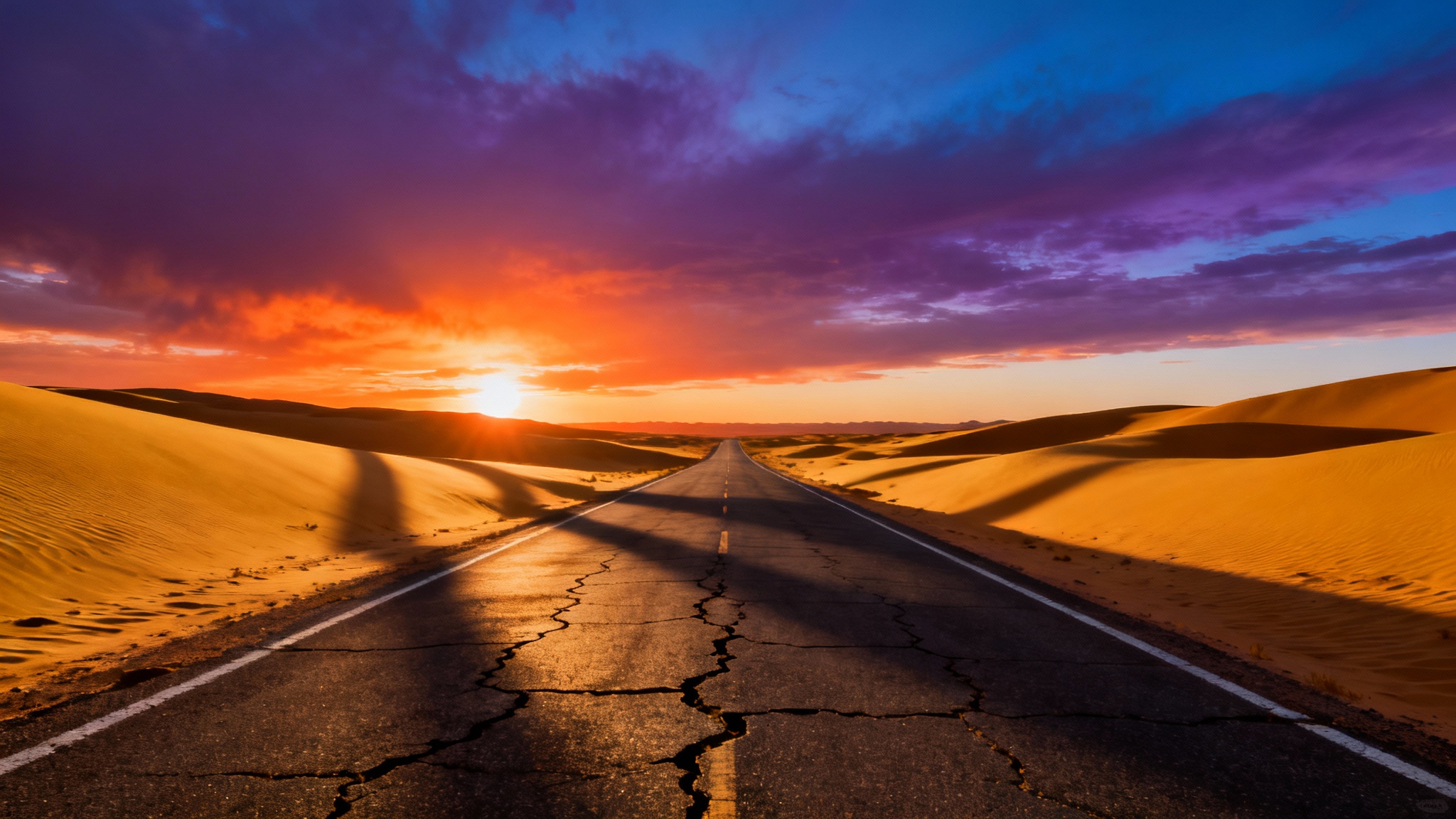 A stunning, wide-angle photograph of an empty road cutting through a vast desert landscape at sunset, with dramatic colors in the sky and long shadows on the ground, creating a perfect background.