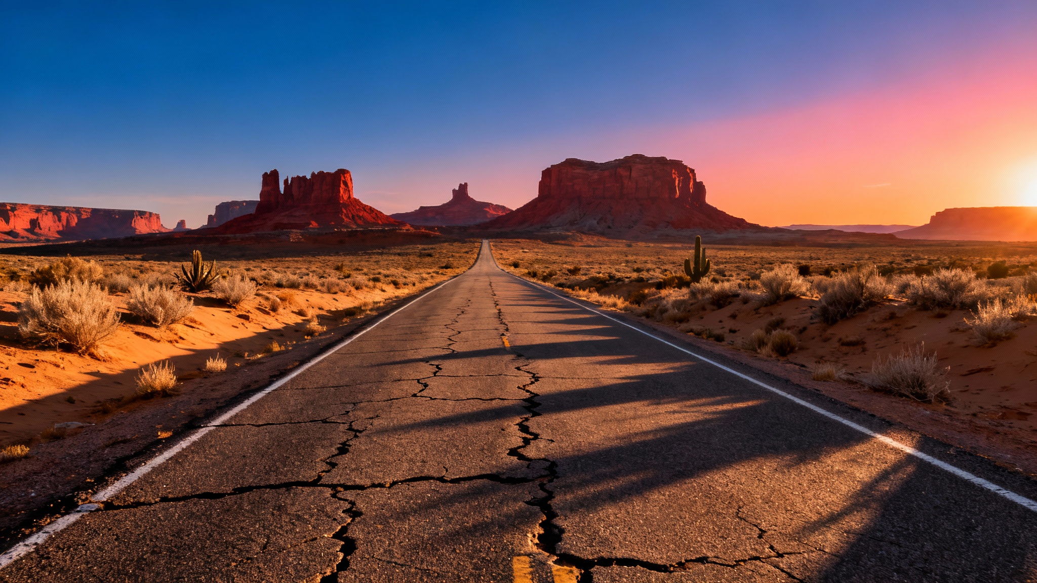 A photorealistic image of a long, empty road cutting through a vast desert landscape with large rock formations in the background during a beautiful sunset.