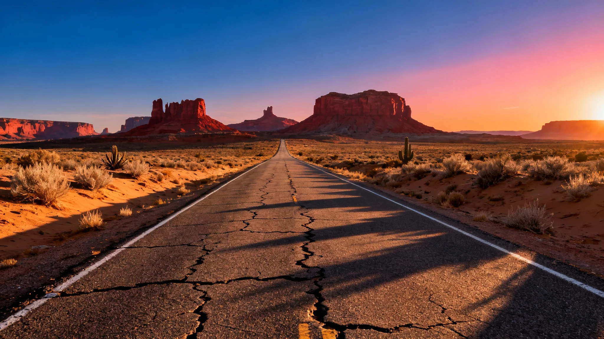 A photorealistic image of a long, empty road cutting through a vast desert landscape with large rock formations in the background during a beautiful sunset.