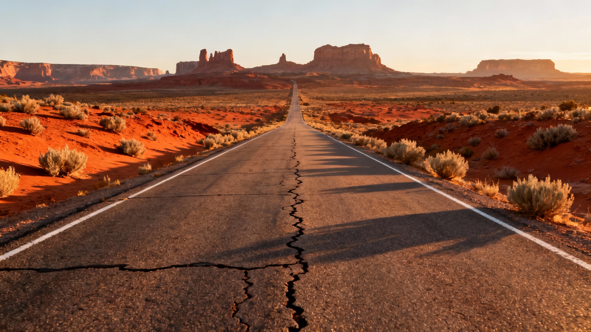 A photorealistic image of a long, empty road cutting through a vast desert landscape at sunset, with large rock formations in the background under a golden sky.