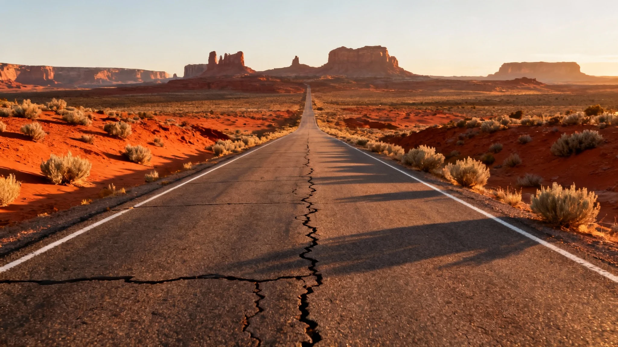 A photorealistic image of a long, empty road cutting through a vast desert landscape at sunset, with large rock formations in the background under a golden sky.