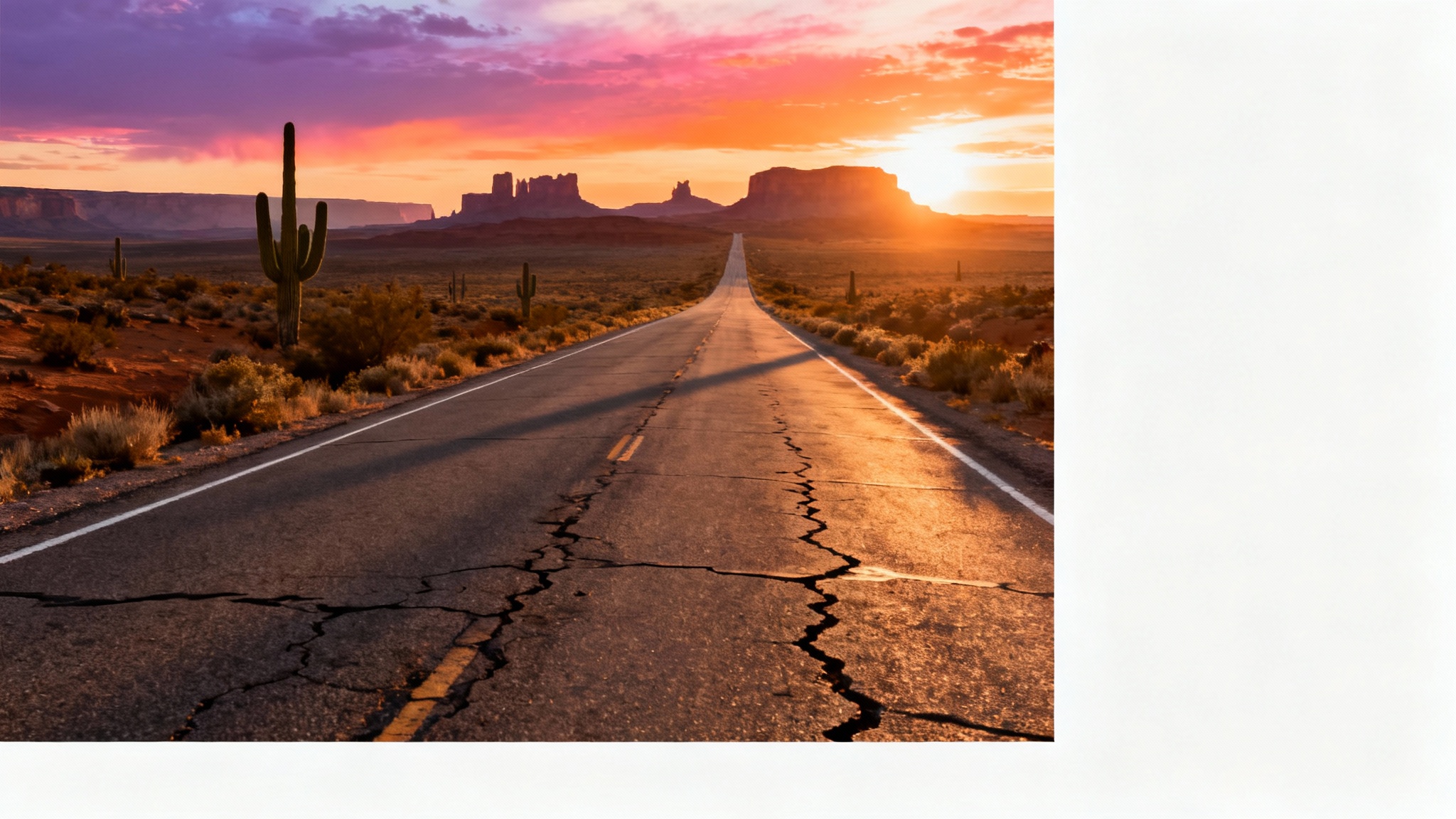An empty asphalt road stretching through a vast desert at sunset, with saguaro cacti and distant mesas, presented on a white background.