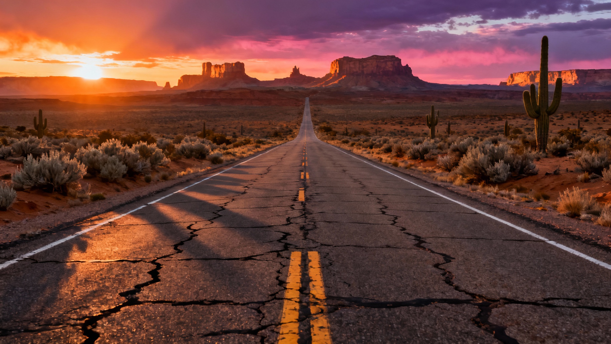 A photorealistic image of an empty road cutting through a vast desert at sunset, with distant mesas illuminated by the golden light and a colorful sky overhead.